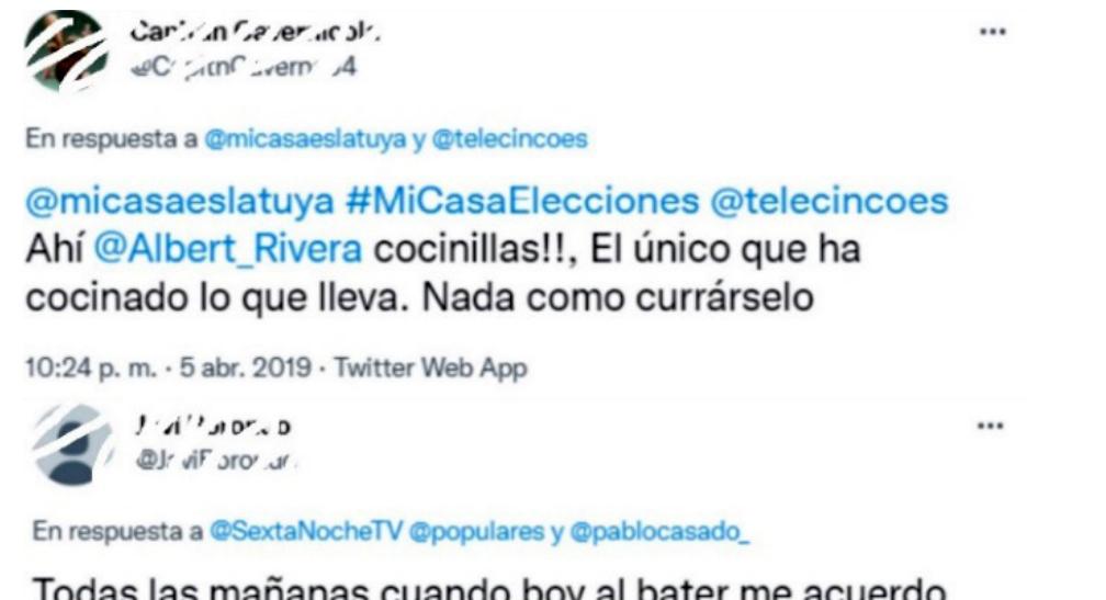 Figure 8. Examples of comments using colloquial language. Note: The translation of the tweets is as follows (a) “There @Albert_Rivera small cookers!!, The only one who has cooked what he has. Nothing like working hard”, (b) “Every morn- ing when | go to the toilet | remember a lot about casado and many like him and even more when | am constipated YOU  CAN’T IMAGINE HOW | SHIT ON THEM.” 