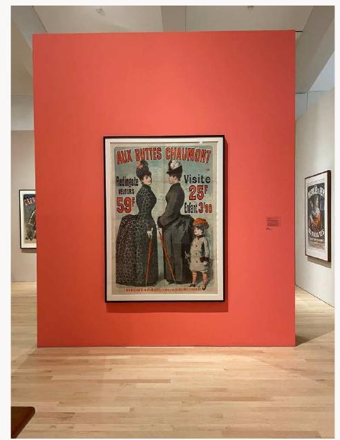 Fig. 4, Jules Chéret, Aux Buttes Chaumont (Frock coats and afternoon dresses for sale at the Buttes Chaumont department store), 1886. Color lithograph. Milwaukee Art Museum, Milwaukee. Artwork in the public domain; photograph by the author. [larger image] 