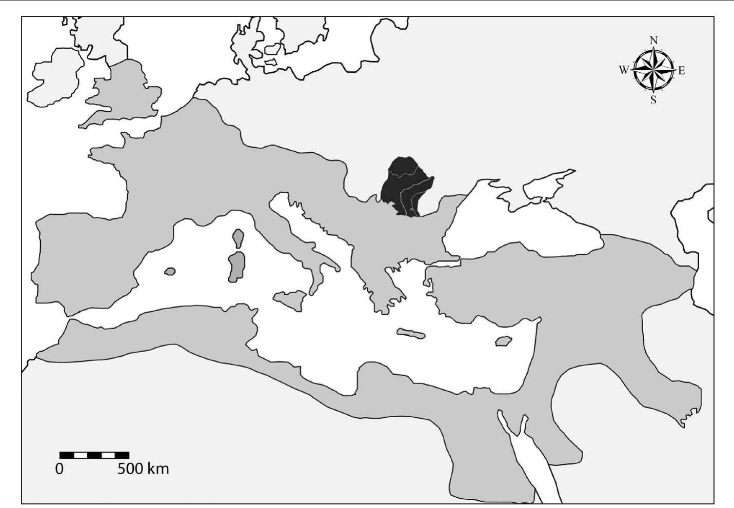 FIG. 1. Map of the Roman empire ca. 117 CE in darker gray, including the Dacia provinces in black. 