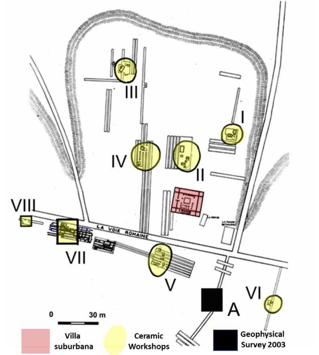 1965 and 1998. Among others, Marin Vasilescu (1983-1992), Mircea Negru (1992-1997, 2002-2018) and Dan Balteanu (1994-1998).  The ceramic production district in the northern part of the Roman city of Romula (Figures 2-4) was on both sides of the Roman road to Acidava (Enosesti), north and south of Philip the Arab's Wall.  Figure 4 - Quarter of ceramic production from the Northern Sector (with modification, after Popilian 1997 and Negru et al., 2014). 