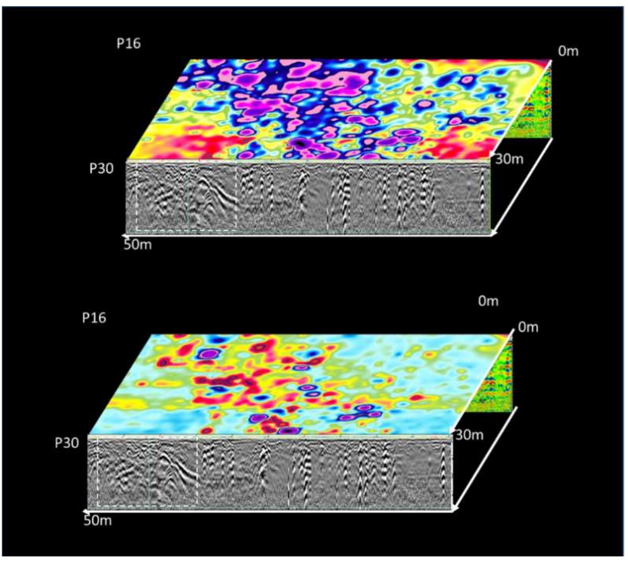 Figure 2 - 3D visualization of the electrical conductivity and magnetic susceptibility maps between profiles P16-P30 in correlation with GPR radargram for profile P30. 