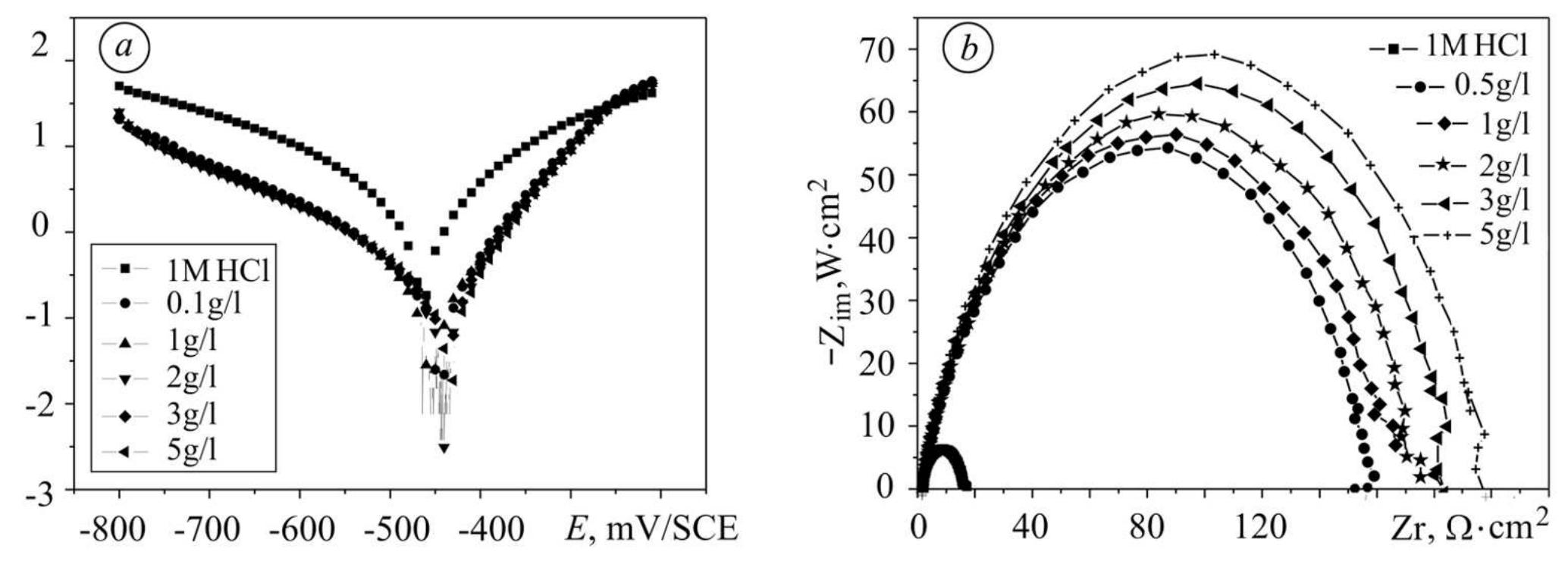 Fig. 2. Tafel plots of mild steel (a) and the Nyquist plot (b) for different concentrations of CAO ina 1 M HCI solution.  H. BENDAHA, H. ELMSELLEM, A. AOUNITI, M. MIMOUNI, A. CHETOUANI, AND B. HAMMOUTI 