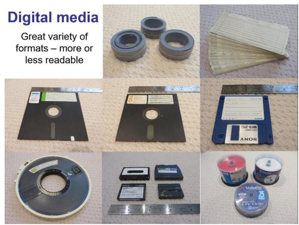 Figure 1: Various digital media from the 1970s to the 1990s. (Photographs by Jonathan Bowen.)  Within a lifetime, | (Jonathan Bowen) have seen digital media move from paper tape and punched cards in the 1970s through to magnetic tape, floppy disks (in three formats, 8, 514, and 3% inches, from the 1970s onwards), various forms of hard disk, different types of magnetic cassette tapes and cartridges, CDs, DVDs, and more recently SD cards and USB sticks, all with increasing capacity and at dramatically decreasing prices per bit stored (see Figure 1).  