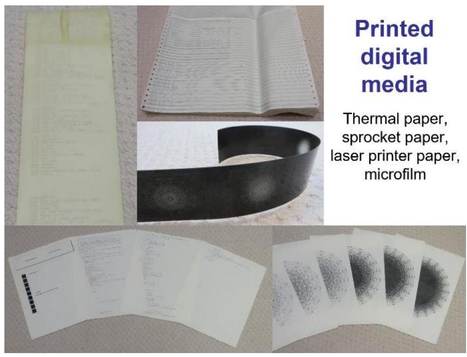 Figure 2: Printed versions of digital media from the 1970s and 1980s. (Photographs by Jonathan Bowen.)  Some older digital material may only be available in printed format (e.g., text, programs, and images on various types of paper and film). It may be desired to re-digitise such resources to animate them again. Sometimes printed versions of digital resources can allow easier access and longer-term preservation compared to a digital artefact (Diprose et al. 2018), although technologies such as fading thermal paper have their own issues (see Figure 2). 