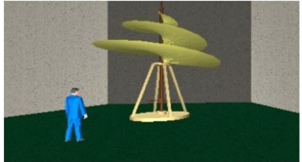 Figure 6: One of the da Vinci machines, operable by online visitors.  The result was Virtual Leonardo (Barbieri & Paolini 2001a), an online 3D reconstruction of the two cloisters of the Science Museum (see Figure 5), with animated Leonardo da Vinci's machines scattered around the virtual space (see Figure 6). Visitors could have their avatars walk and fly around the cloisters and rooms, chat with a guide or with other visitors, and set in motion the machines. The tour guide avatar had the special power to force all users to see what she was seeing in that moment, in order to make guided tours easier (Paolini et al. 2000). 