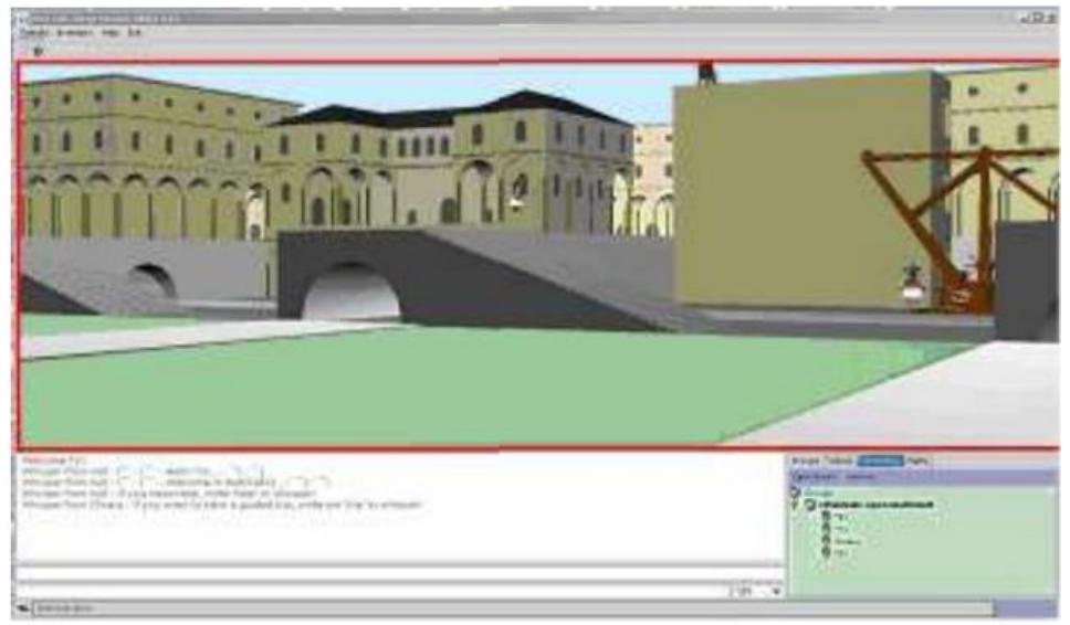 Figure 7: Screenshot of the ideal city project. Beneath the 3D navigation area, the chat window (bottom left) and the collaboration area (bottom right) allow users to communicate with each other and with the virtual guides.  The system was live for a couple of years, and a  second version using Java 3D was deve 2000 by the Polytechnic University o Together with the launch of the new techno  oped in Milan. ogy, we  decided to create a new virtual environment,  related not to the existing museum but to city imagined by Leonardo da Vinci du  he ideal ring his  Milanese years (Barbieri & Paolini 2001 Figures 7 and 8 for two example screensho  b). See Ss.  