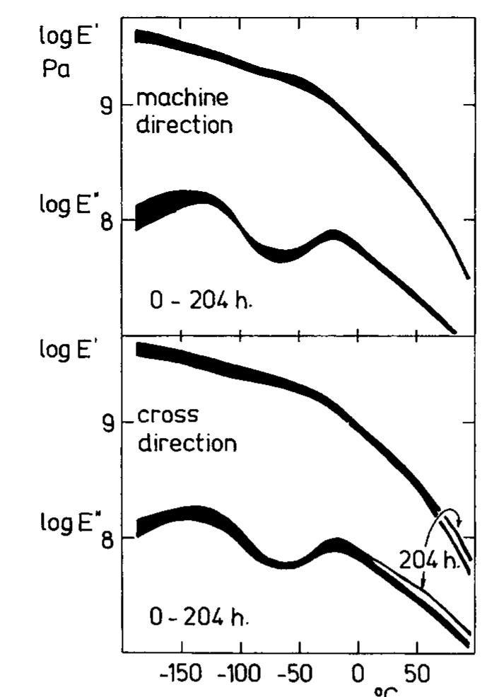contrary to the conclusions of Ref. 11, the values of both components of the complex Young’s modulus are somewhat higher in the cross direction than in the machine direction. Although such a behavior is reproducible in the film under investigation, its structural interpretation still remains somewhat unclear. Similarly to the case of isotropic films, two characteristic loss maxima, 8 and y, can be seen on the loss modulus vs. temperature dependence curve. As the maximal irradiation time used for tubular film (204 h) was shorter than that for isotropic film, changes in the dynamic mechanical characteristics of degraded samples do not distinctly exceed the limits of experimental scatter. (The small shift of the experimental curves toward lower values of the moduli in the lower-temperature range cannot be regarded as significant.)  The stress—strain curves of a biaxiallv oriented unstabilized film before and 