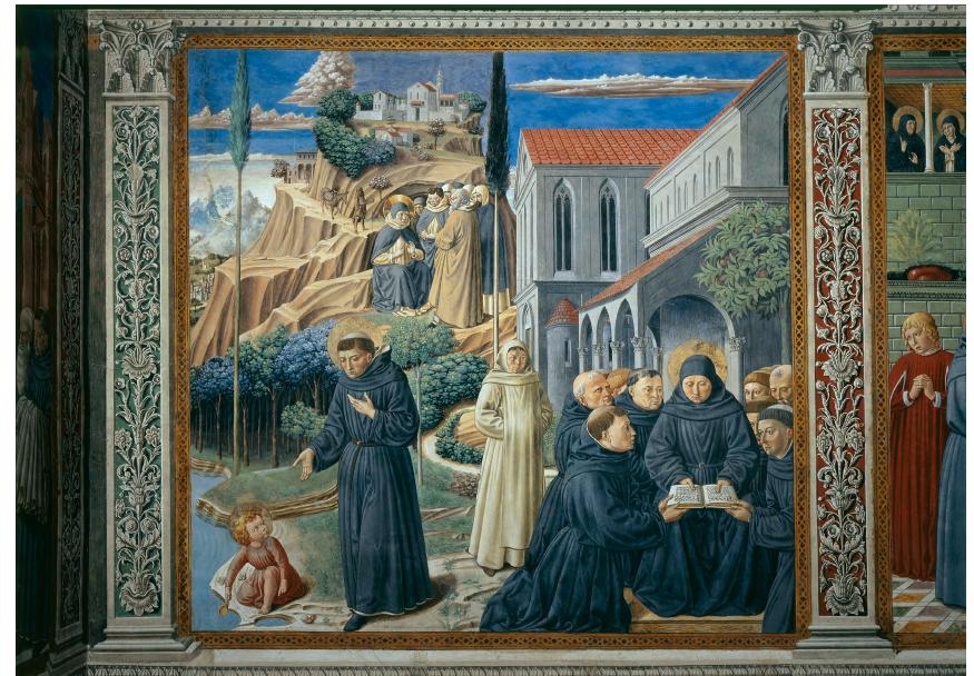Figure 1. Augustine speaking with the boy with the spoon; presentation of his Rule to the monks of Mount Pisano. Benozzo Gozzoli (1420-1497), Scenes from the Life and Legends of Augustine of Hippo, Chapel of the Choir, Church of Saint Augustine, San Gimignano, Italy (Scala / Art Resource, NY). 