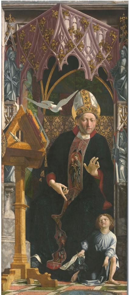 Figure 2. Panel of Augustine speaking with the boy with the spoon. Michael Pacher, Altarpiece of the Church Fathers, 1483, Alte Pinakothek, Munich, Germany (bpk Bildagentur / Art Resource, NY). 