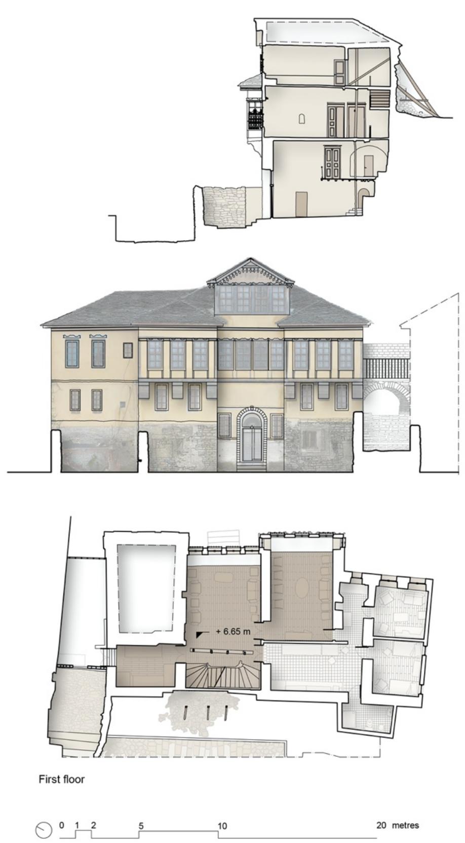 Plan, main facade and cross sections of fico house (survey: