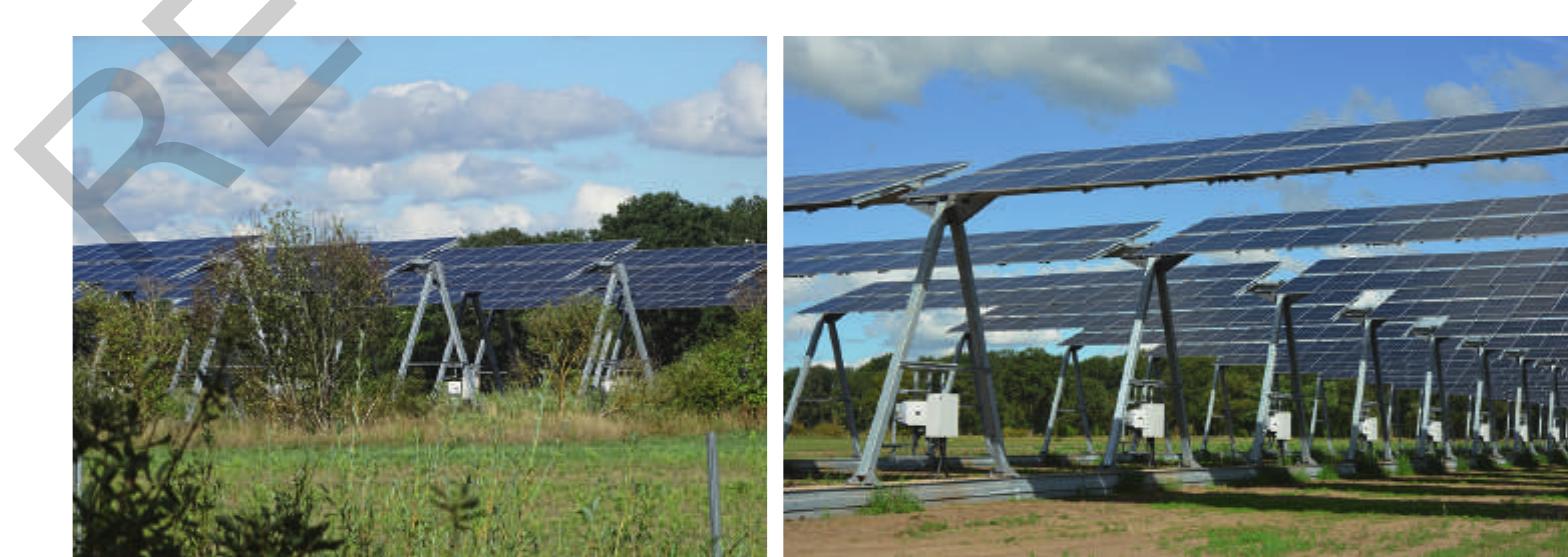 Another combination with novel technologies is agrovoltaics, that denotes the approach of using agricultural land to simultaneously produce agricultural crops and generate photo voltaics electricity (Fraunhofer ISE 2020). According to Fraunhofer ISE (2020), the installed Agrivoltaics power increased exponentially from app. 5MWp in 2012 to app. 2.9GWp in 2018 to more than 14GWp in 2021 with national funding programs in Japan (since 2013), China (ca. 2014), France (since 2017), the USA (since 2018) and most recently Korea. An agri-photovoltaic system enables the areas under the solar modules to be cultivated, and this is also applicable on former mining sites that are redeveloped as agricultural land.(Figure 18.6).  Figure 18.6 Agri-photovoltaic system. Photo credit: Petra Schneider. 