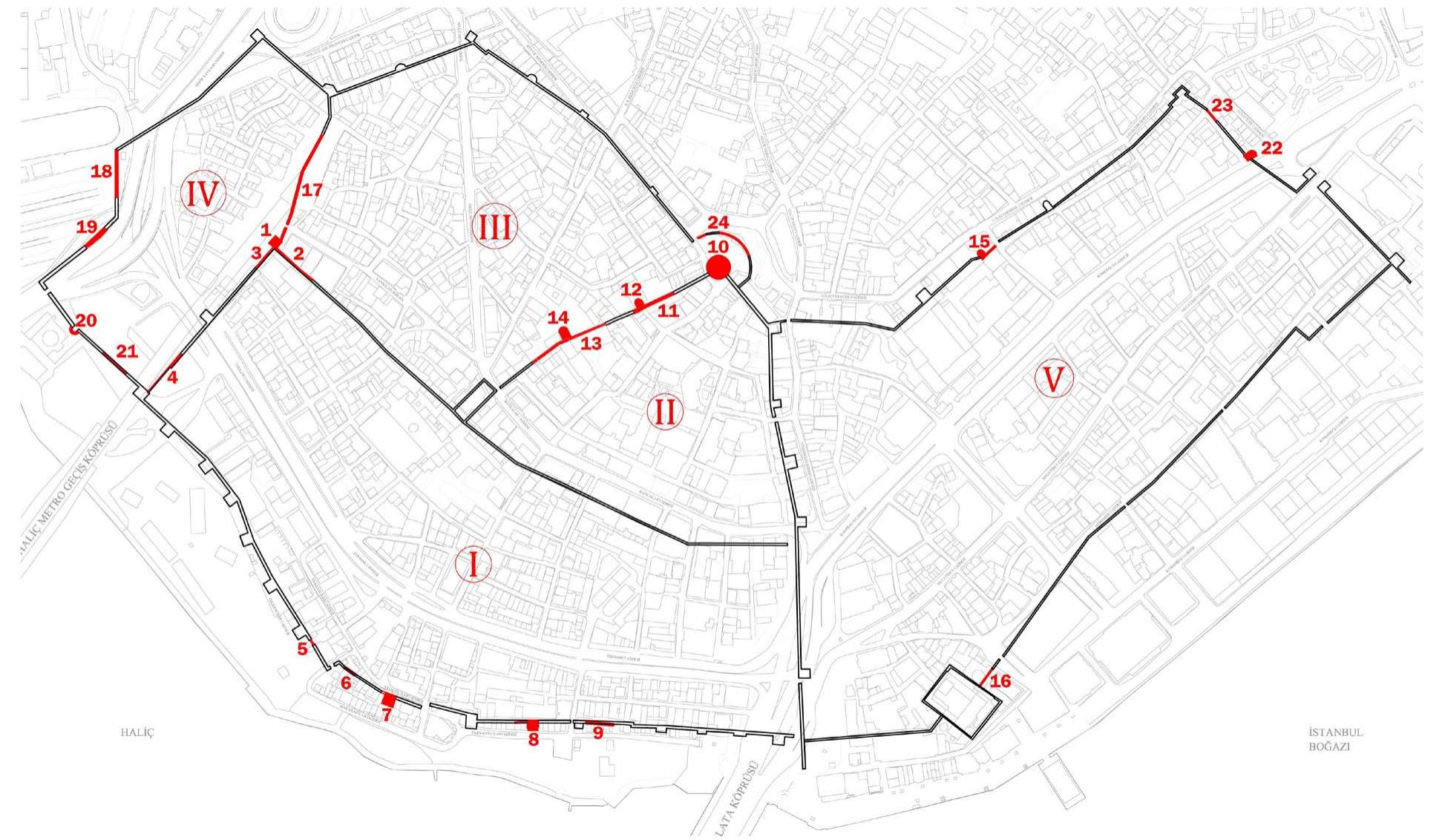 Figure 1: Istanbul, Galata Walls, construction periods and remaining sections. Map: Selin Sur, 2023.  Analysis of Building Techniques and Materials in the Walls of Galata: The Constantinopolitan Context 