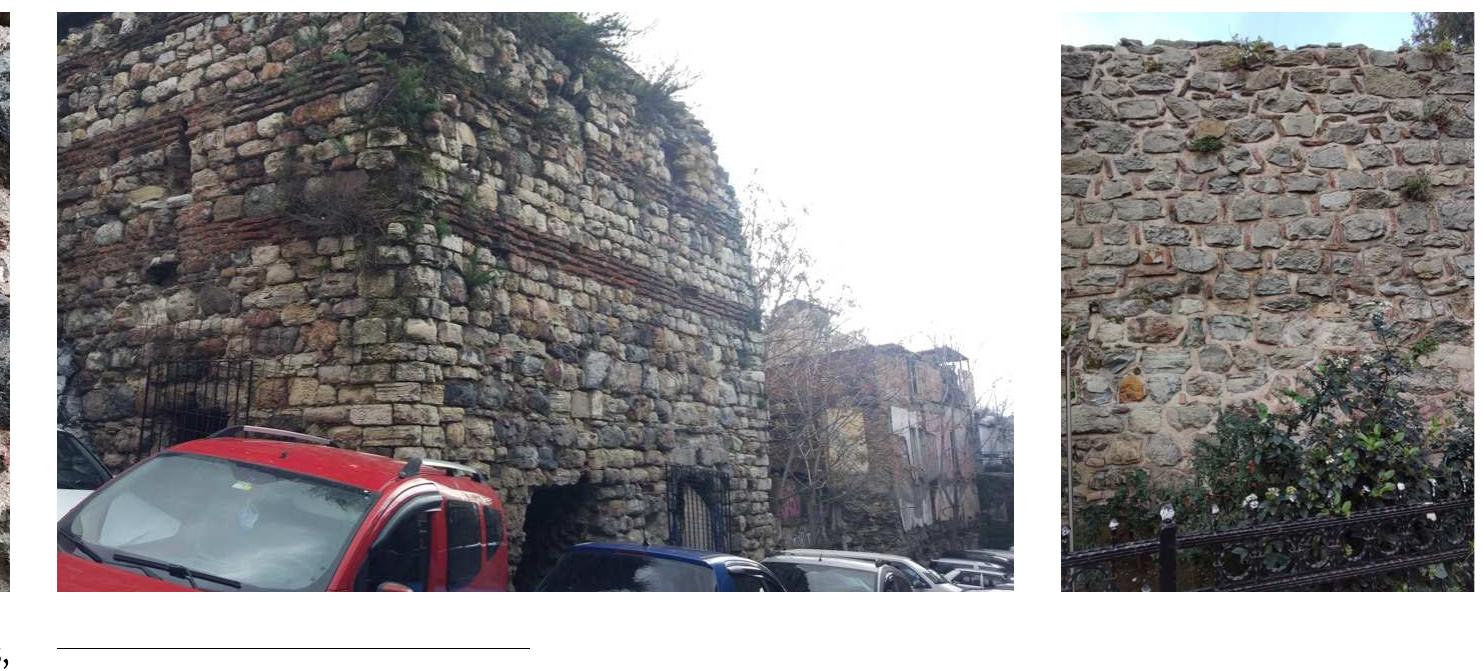 28 Further research by the present authors into the spolia used in the Walls of Galata is in progress.  29 Hereafter, the term “brick pieces in the mortar joints” is used to indicate large pieces of broken bricks used randomly in the mortar joints.  30 The term “bricks inserted in the mortar joints” is hereafter used to indicate irregularly divided bricks inserted vertically or horizontally in the mortar joints. This technique resembles the “brick-filled mortar joints” technique. See Robert G. Ousterhout, Master Builders of Byzantium (Philadelphia: University of Pennsylvania Museum of Archaeology and Anthropology, 2008), 174-179. However, bricks in the joints here were not concealed by the mortar. The technique here also resembles cloisonné masonry, but differs from it, as the bricks do not necessarily frame the stones or follow any order (fig. 5).  31 Aurora Cagnana, “L’introduzione dell’opera quadrata medievale a Genova: aspetti tecnologici e contesto sociale,” Arqueologia de la Arquitectura 4 (2005): 23-45.  32 Clive Foss and David Winfield, Byzantine Fortifications: An Introduction (Pretoria: University of South Africa, 1986), 25-28; Nikos D. Kontogiannis, Byzantine Fortifications: Protecting the Roman Empire in the East (Yorkshire: Pen & Sword Military, 2022), 207.  33 On the periodization of the Byzantine Empire, see, among others, Alexander P. Kazhdan, “Byzantium, History of,” The Oxford Dictionary of Byzantium (Oxford: Oxford University Press, 1991), 1:345-347.-  34 The Walls of Constantinople were repaired in 1317, 1344, and, finally, between 1425 and 1448 in the late Byzantine period. See Alexander van Millingen, Byzantine Constantinople: The Walls of the City and Adjoining Historical Sites (London: William Clowes and Sons, 1899), 103-104. For building techniques and materials used in the walls and the interventions in the Palaiologan period, see Asutay-Effenberger, Die Landmauer von Konstantinopel-Istanbul, 147-181. 35 Foss and Winfield, Byzantine Fortifications, 59.  The Genoese, who worked on the construction of the Walls of Genoa in the twelfth century, used regular stone masonry (opus quadratum) and finished the construction rapidly (fig. 6). This type of masonry consists of rectangular stones with little mortar and certainly requires a good on-site organization and extensive labor. On the other hand, the Walls of Galata are mostly built of rubble or roughly cut stone masonry with brick pieces in the mortar joints. This may be because the Walls of Galata had to be completed quickly. However, given that the Genoese did extensive work in Genoa in a short period, it is quite possible that they had insufficient labor resources for such work in Galata, and they possibly worked with the locals. The use of ashlar with little or no mortar was replaced in the Middle Ages by mortared rubble set in irregular courses in defensive architecture, both in the Byzantine East and medieval West.” For example, in the Theodosian Walls of Constantinople, most of the repairs in the late Byzantine period (1261-1453) in the inner and outer circuits were made using rubble or roughly cut stones, with brick pieces in the mortar joints, similar to the Walls of Galata.*4 This particular type of masonry has been identified as “Palaiologan” and is thought to have remained in use in the fourteenth and fifteenth centuries.® Thus, this suggests that the Genoese built the Walls of Galata in the local architectural style of this period. 