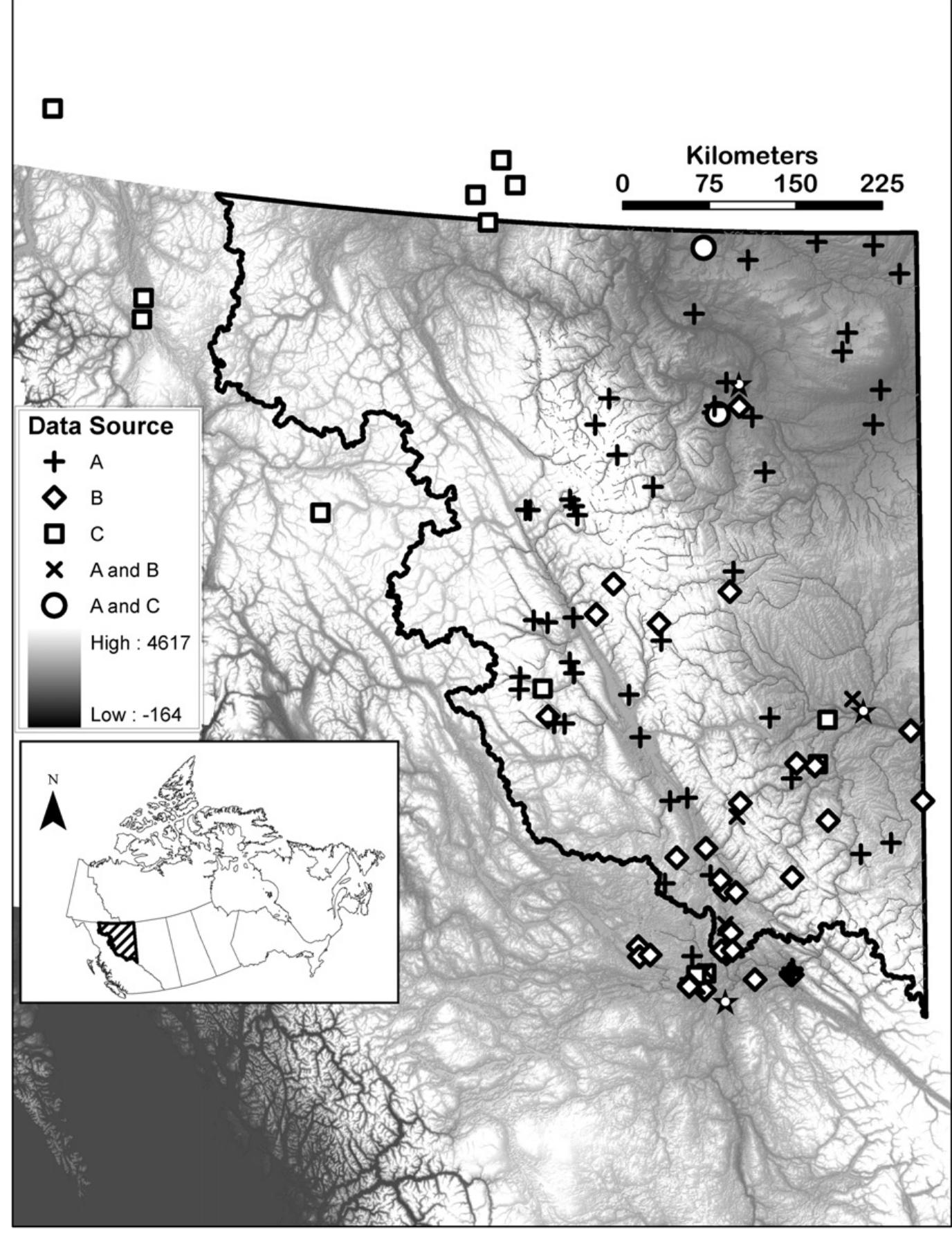 Map showing the location of the study area in canada (inset)