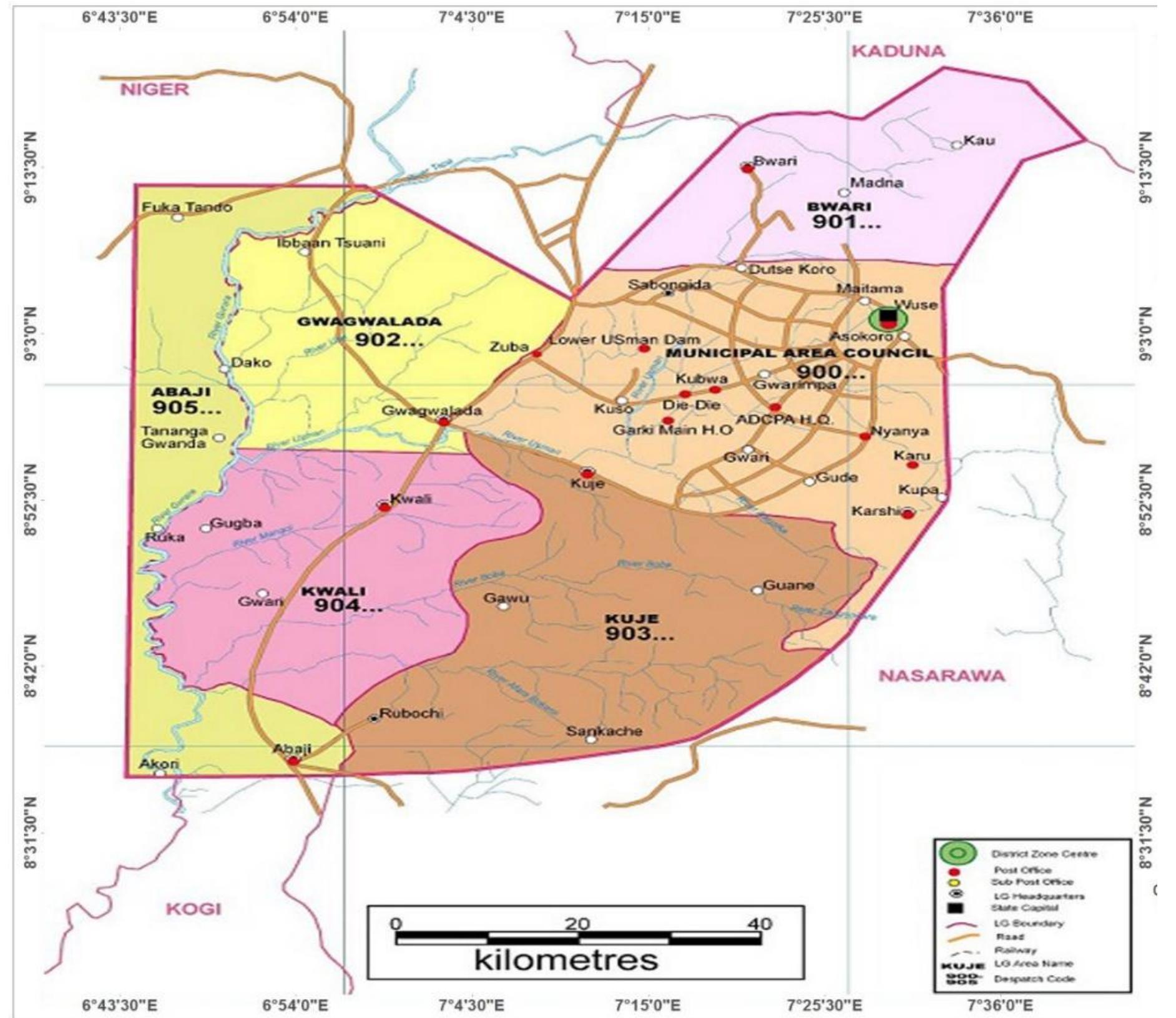 creation of the Federal Capital Territory (FCT) dates back to February, 1976 with the promulgation of decree No.6 entitled ‘Federal Capital Territory 1976’. From then on, the area measuring 8,000 square kilometres was carved out from three existing states (Niger, Plateau and Kogi) of the federation. The Territory was then divided into nine development areas namely: Abaji, Bwari, Yaba, Kwali, Kuje, Rubochi, Karshi, Abuja Municipal and Gwagwalada. In 1987, the nine development areas were reconstituted into six (6) local governments namely; Abaji, Gwagwalada, Kuje, Kwali, Bwari, and the Municipal. The unofficial metropolitan population of Abuja is well over 3,000,000, but the population as at 2012 is 2,245,000 making it the fourth largest urban area in Nigeria after Lagos, Kano and Ibadan (FCDA, 2018).  Figure 1: Map of Federal Capital Territory (FCT) showing the six area councils. 
