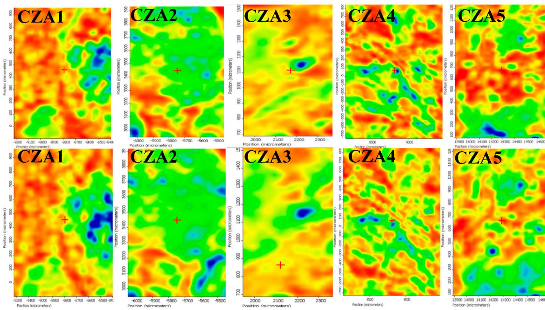 Figure 3. The FTIR maps for CZA1-CZAS films at wavenumbers 3393 cm™! (top row) and 1643 cm (bottom row). 