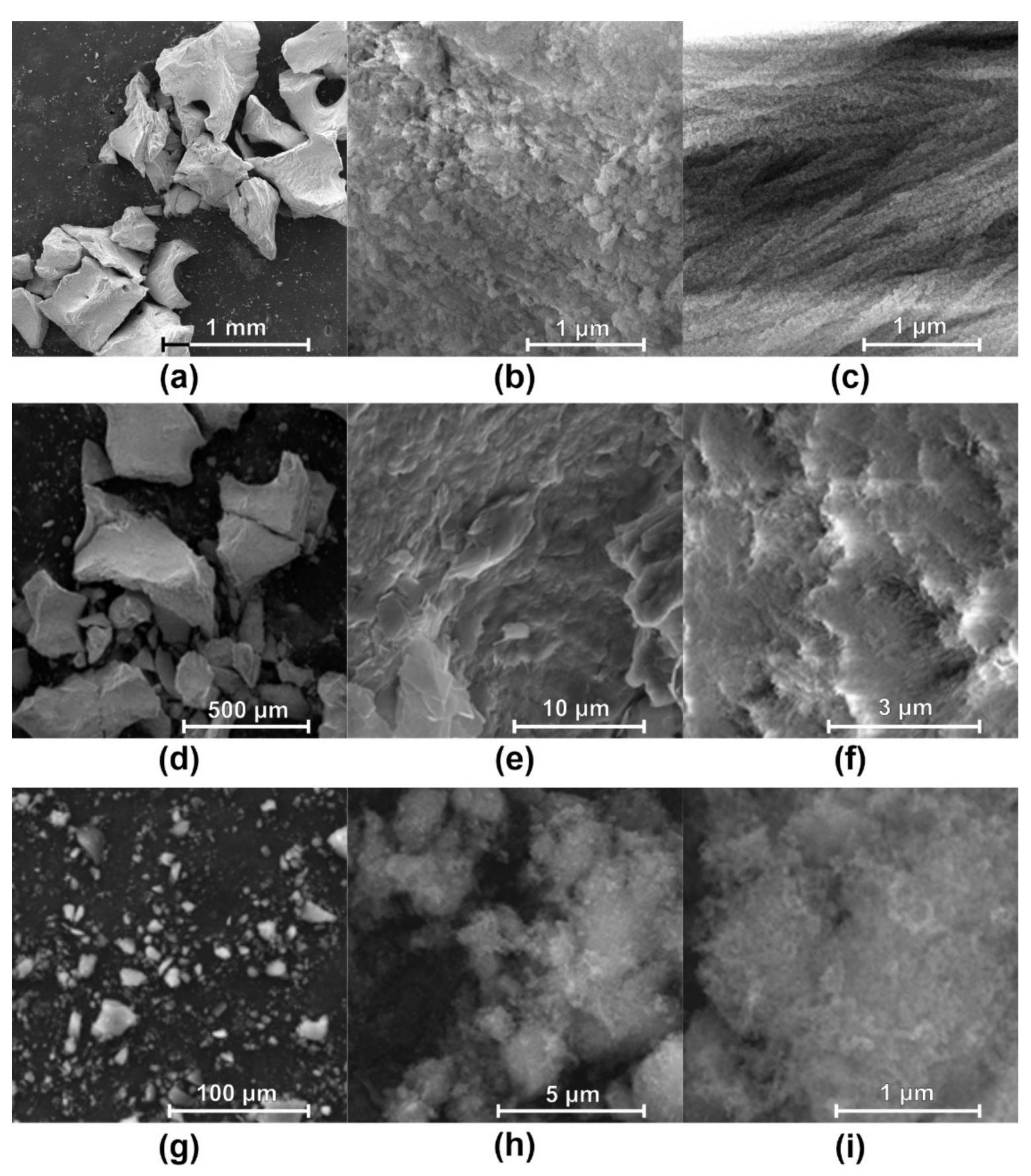 Figure 3. SEM images for: (a—c) Gen-Os (200x, 10,000 x, and 40,000 x ); (d-f) Bio-Oss (200 x, 10,000 x, and 40,000 x); (g—-i) HA1 synthesized from egg-shells (1000 x, 20,000, and 100,000 x).  two xenografts show the characteristic morphology of the extracellular matrix in the bone tissue, with a very dense structure (Figure 3b,f), HA plate  P  is S  anes, with nanometric width and 59-62 nm diameter, along  hydroxyapatite mineralized on surface (Figure 3 c). For Gen-Os  caused by organic—inorganic nanocomposite biogenesis. Con  intergranular limits (Figure 3h,i) [74]. In a saturated solution,  a  foreign bodies [75].  ets crystallized in parallel with collagen fibers with and Bio-Oss, the structure rariwise, the HA1 sample  EM images indicate a soft and fluffy structure characteristic of the crystallization from precipitate, ultra-fine nanoparticle aggregate structures (5.44-7.69 nm), and no visible  heterogeneous nucleation  ways takes place earlier than the homogeneous one, due to lower nucleus-free energy on 