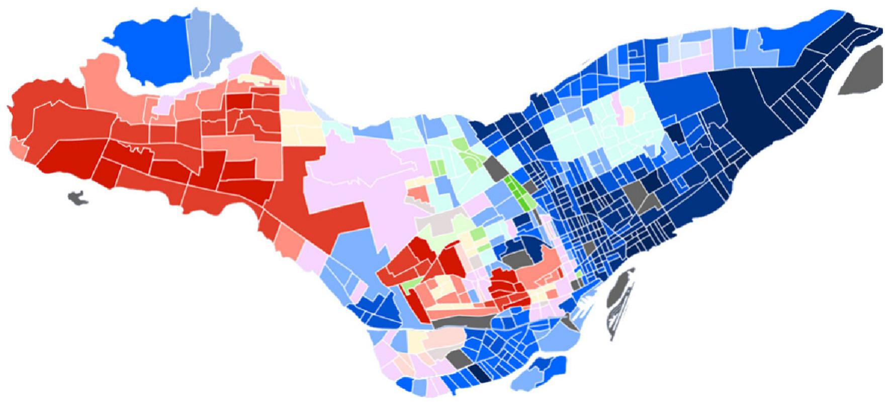 Figure 1: Census data (2011) showing the majority language most commonly used at home (by census tracts). The colour blue indicates French, red indicates English, and green indicates other languages. Darker shades indicate higher percentages (https://commons.wikimedia.org/wiki/File:Montréal_-_Secteurs_statistique_2011_-_Langue_Maison.svg). 