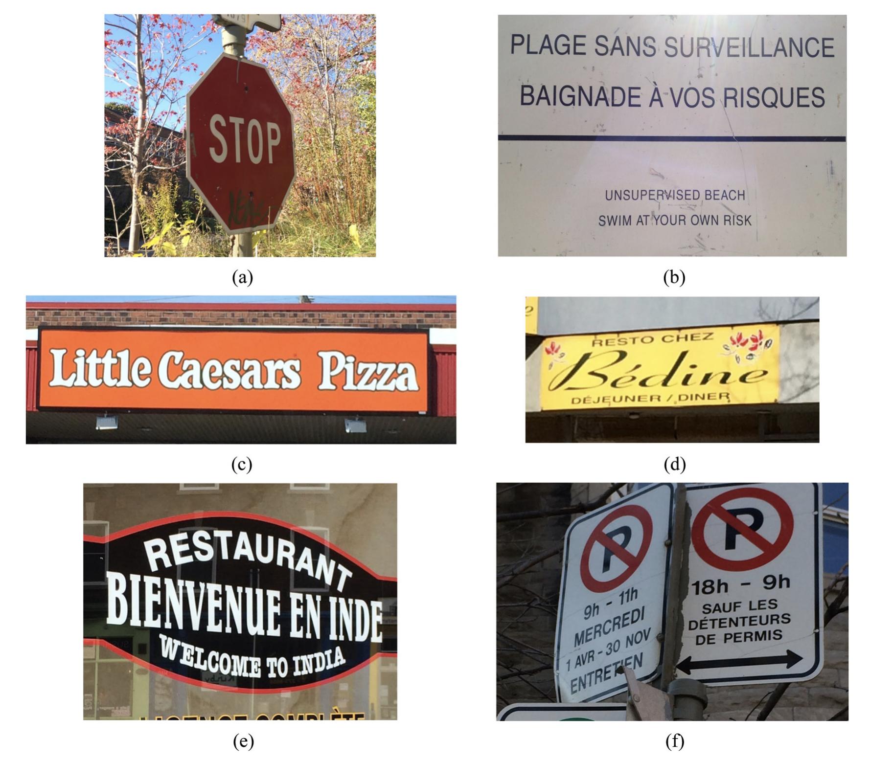 Figure 2: Photographic prompts of signs in the Montreal LL. (a) governmental English sign, (b) governmental bilingual sign, (c) private English sign, (d) private French sign, (e) private bilingual sign, and (f) governmental French sign. 