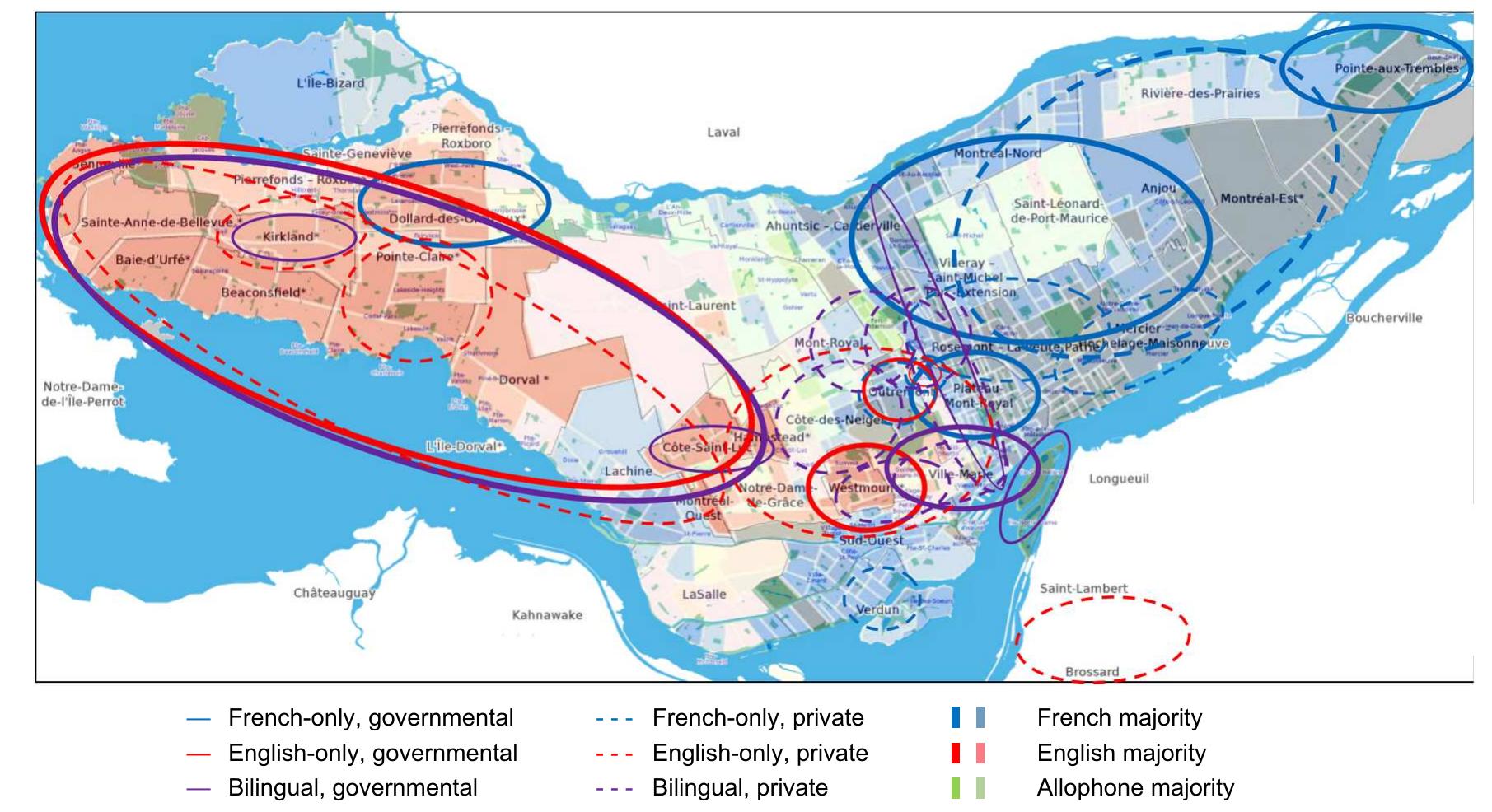 Figure 3: Map of Montreal with the named locations of the LL signs presented. Census subdivisions (in the background) are colour-coded by home language (data from the 2011 census). 