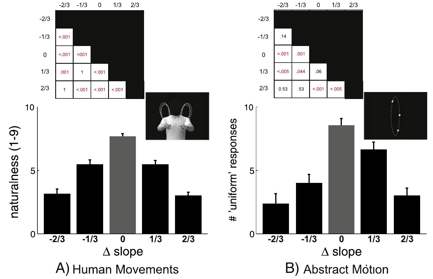 Fig. 2. Results of the rating experiments. In the human movements condition (panel A), participants rated the movements of the computer-generated character as being more natural when complying with the 2/3 power law (i.e. A = 0, depicted in gray color). The subjective rating of the participants dropped from its maximum by approximately the same amount for both increases (i.e. A = 1/3, A = 2/3) and decreases (i.e. A = —2/3, A = — 1/3) of the power law. A similar trend was found for the abstract motion stimuli (panel B). In this task, participants tended to report the dot as moving at constant speed when it was actually moving in agreement with the 2/3 power law (i.e. A = 0; depicted in gray color). Tables in the upper part of the two panels show the p-values of Wilcoxon pairwise comparisons between conditions (Holm-corrected). 