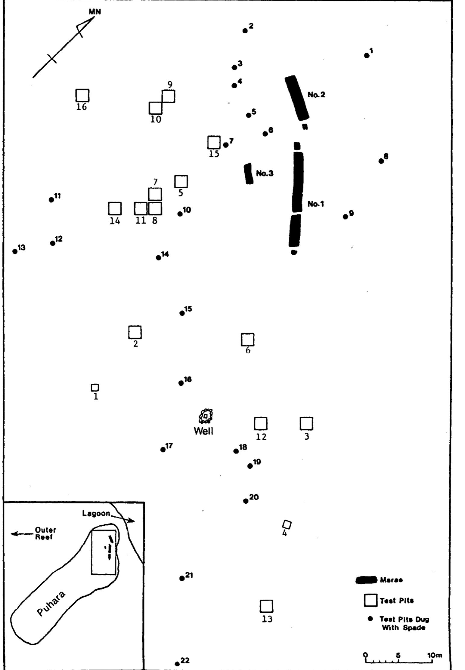 Approximate locations of marae, aroid pit systems, fish