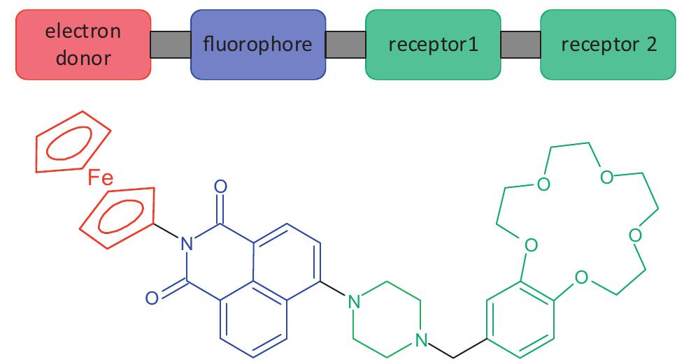 Fig. 2. The colour-coded design concept (top) and a corresponding molecular structure (bottom) of the tree-input logic gate. Adapted from Ref. [96]. 