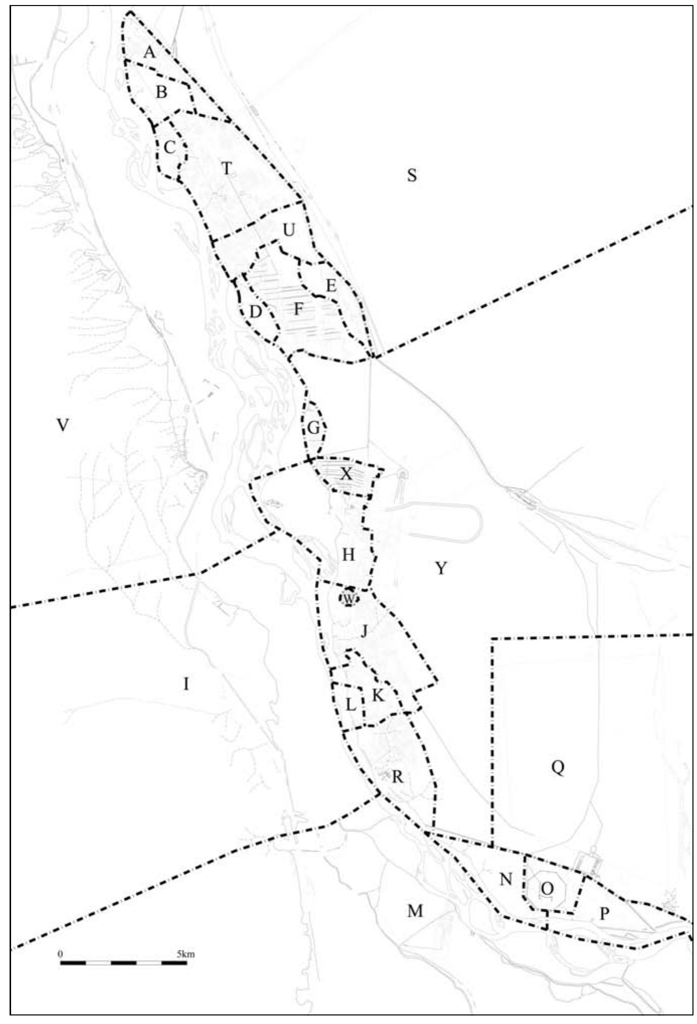 The division of the archaeological site into zones 