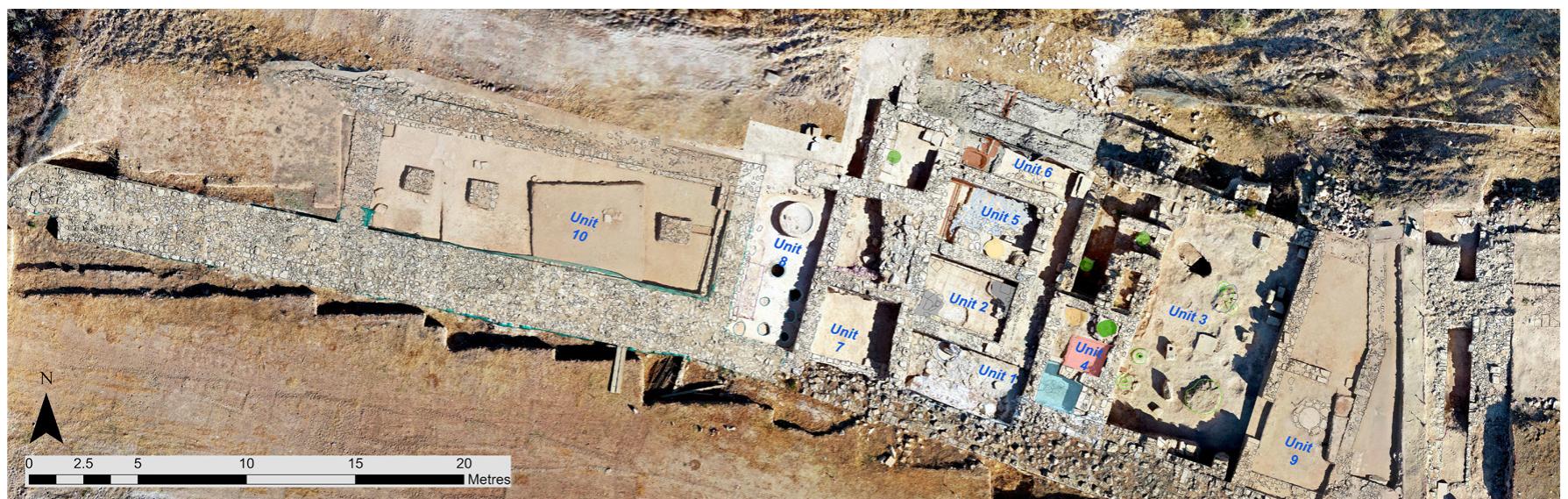 Fig. 6. True orthophoto mosaic over the Hadjiabdoullah Workshop Complex showing Units 1-10; generated from photogrammetric structure from motion (SfM) processing of high-resolution low altitude nadir and oblique drone images. Drafted by A. Agapiou (©PULP). 