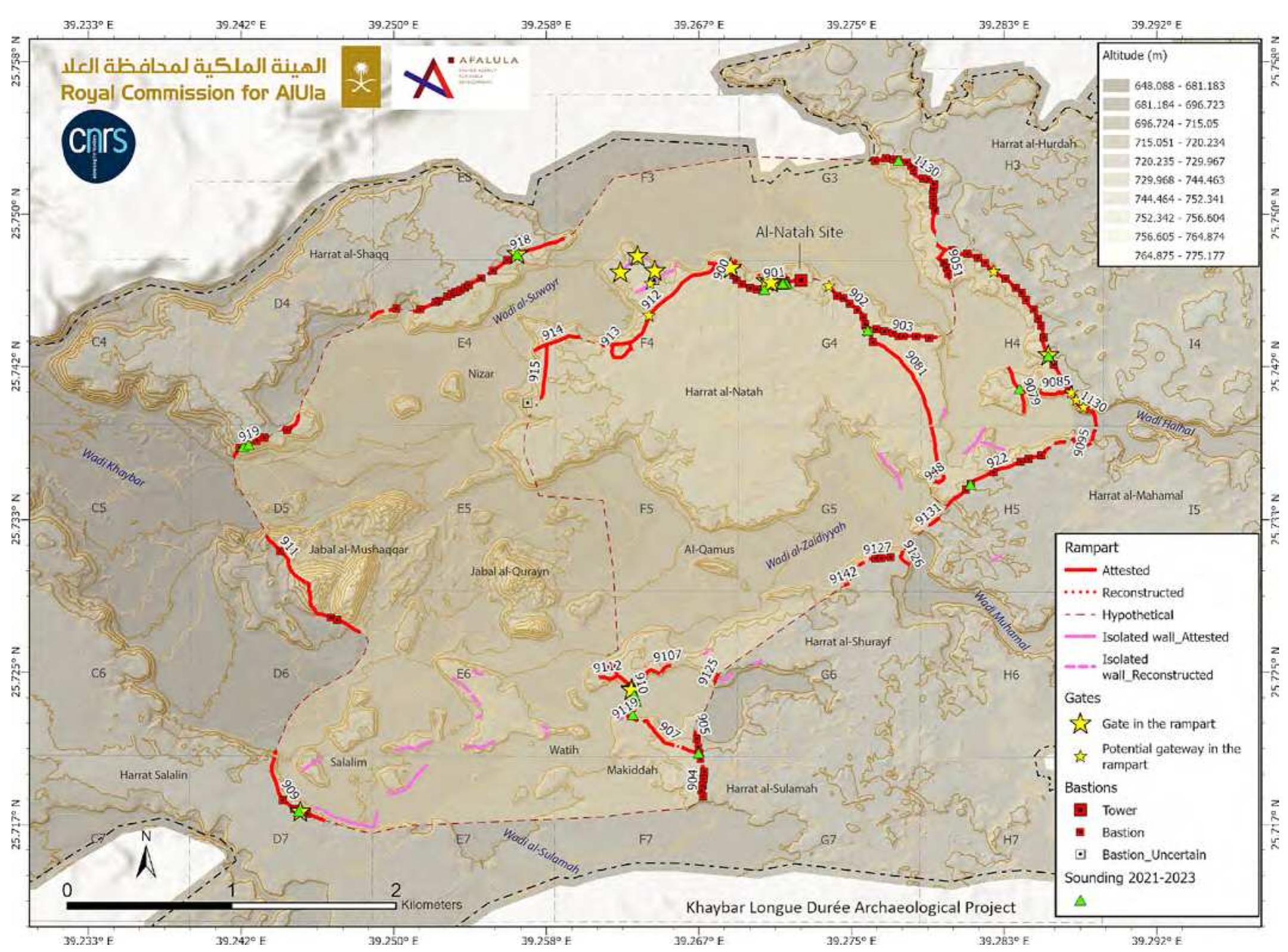 Fig. 4. Map of the main ramparts of Khaybar, with identification of main segment walls and location of bastions and soundings in 2021-2023, © Khaybar LDAP, G. Charloux. Feature numbers KH00000 are written for ease of reading without KHO or KHOO. 