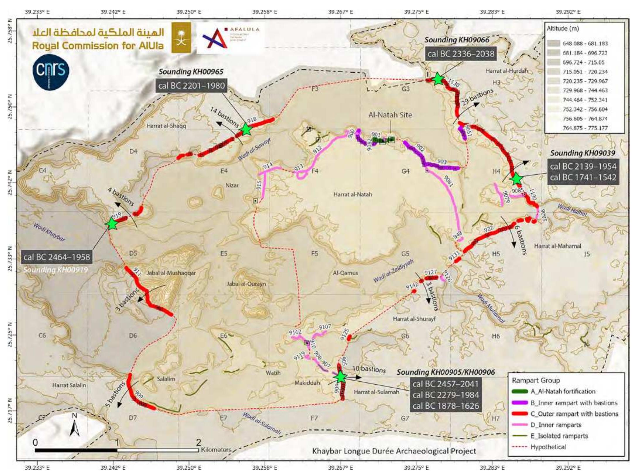 Fig. 8. Map of the “rampart” groups and, in particular the outer enclosure wall in red (Gr.C), with dating results from soundings, in the oasis of Khaybar, © Khaybatr LDAP, G. Charloux. 