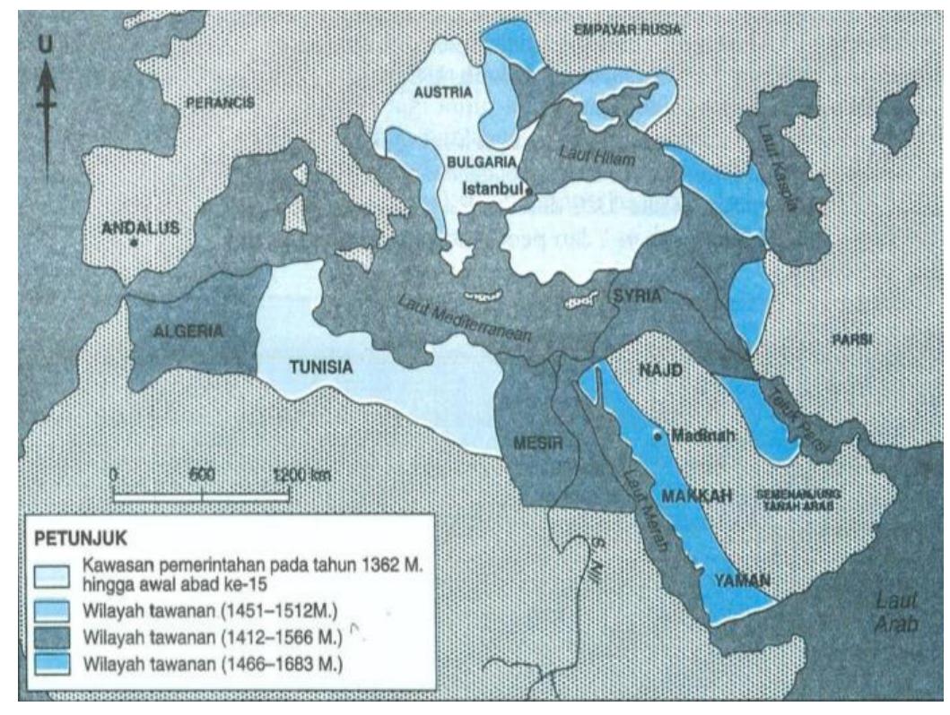 \t the end of the sub-section, (Pembentukan Kerajaan Turk  Jthmaniyah), there is a map  hat indicates the places dominated by  he Ottoman Empire in the fourteenth and seventeenth centuries anc  he years of conquest (Map 3  . The map allows students to imagine  he boundaries of the Ottoman Empire. However, there are three  undamental errors in the ma  p. Firstly, the dates, which should be  iven as 1512-1566 and 1566-1683, are given as 1412-1566, anc  466-1683. Secondly, modern ised in some places instead ‘ontemporary to the Ottoman  state names or geographical names are  of state names (such as Safavids, state. Finally, the map is heavily usec  n tones of blue when compared to the colourful and clear maps o} he Ottoman Empire in Sejarah Tingkatan 2 and Sejarah Peradabar Dunia Tingkatan 4 (Map 1 and 2).  Map 3: The map of the Ottoman State” 