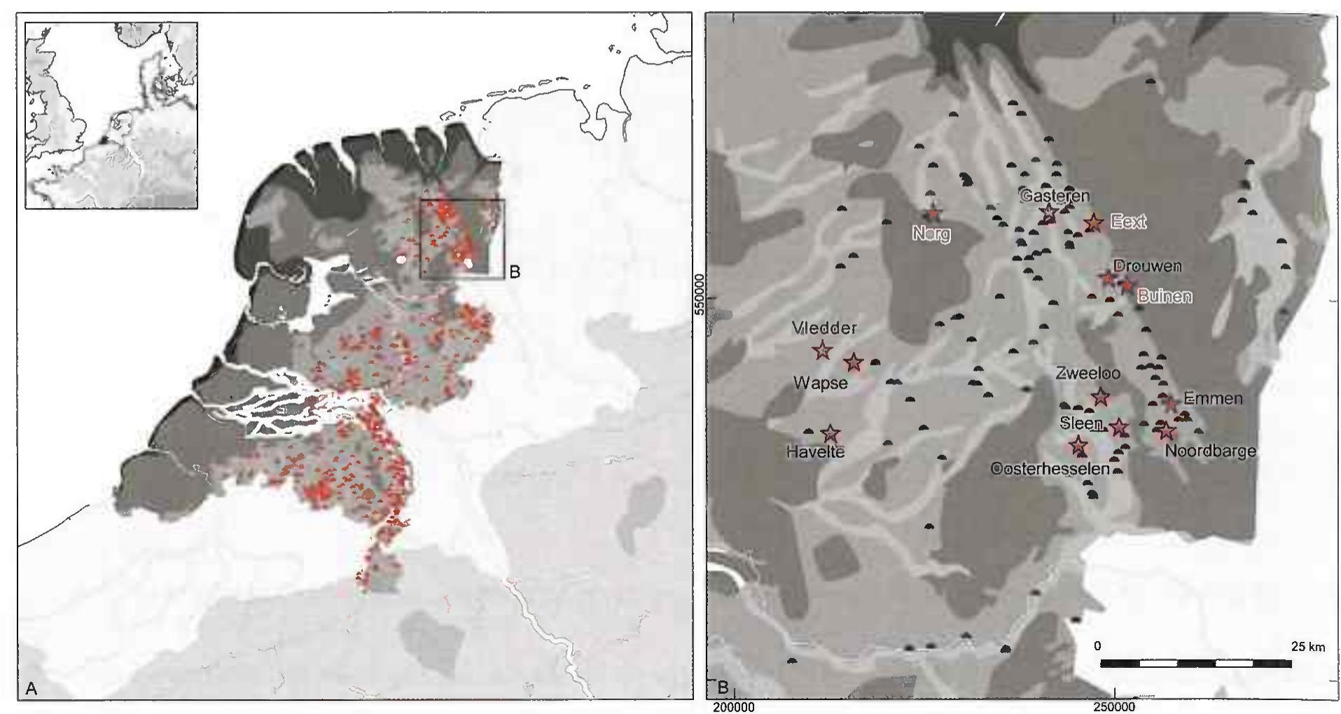 Fig. 1, a: Location of the Dutch urnfields (based on LouWEN 2021) in relation to the landscape around 3800 BP (based on  De Murper et al. 2003, 228 fig. 143); b: Inset showing the dataset of studied urnfields from the northern Netherlands (red stars), in relation to the stream valleys (light grey, sandy soils (grey) and peat deposits (dark grey) (graphics S. Arnoldussen). 