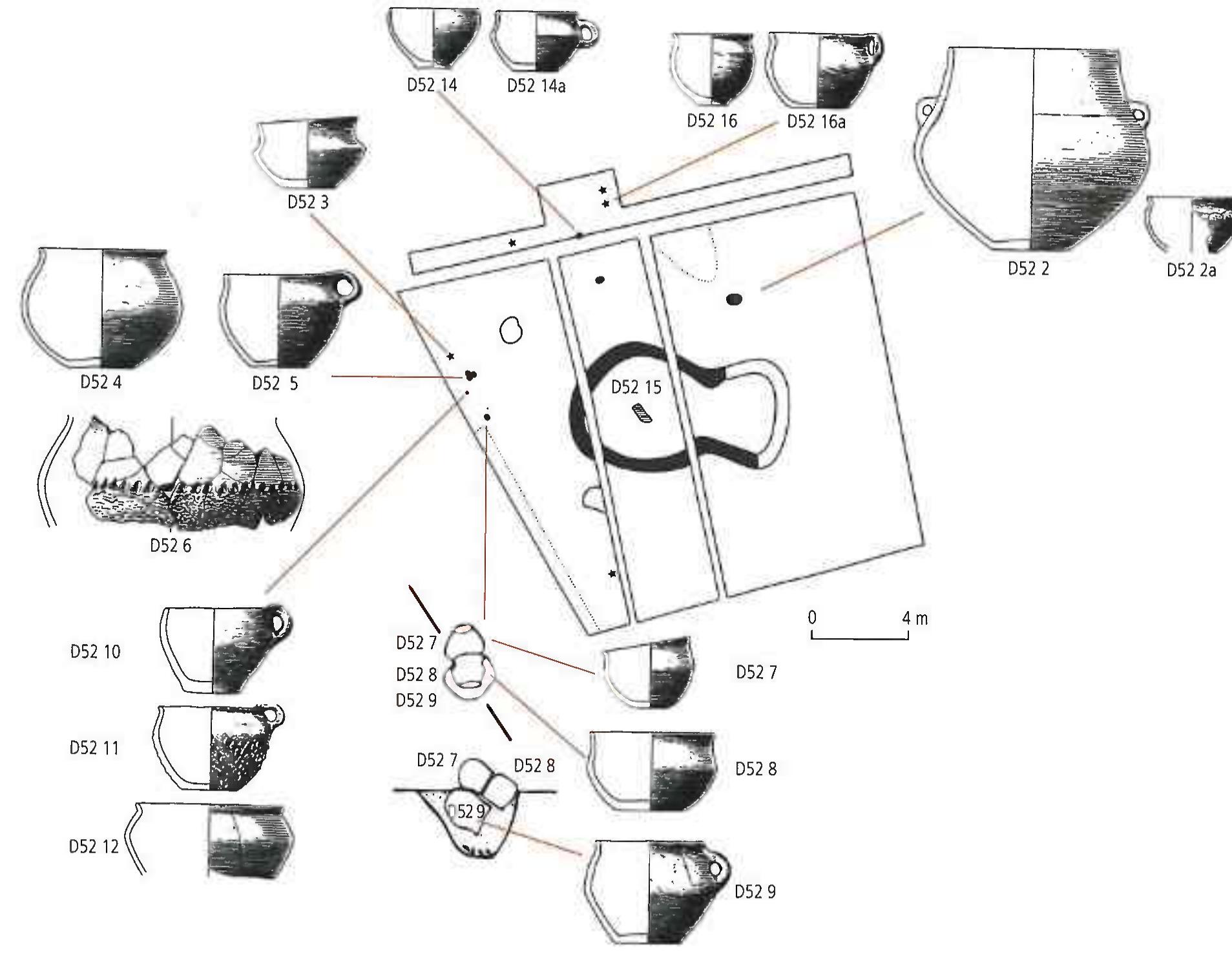 Fig. 7. Distribution of drinking cups around Drouwen (D52 15, a keyhole-shaped funerary monument; after Koor 1979, 9:  fig. 93, 99 figs. 94-95). Pottery all to the same scale (height of DS2 2 is 21.6 cm) (graphics S. Arnoldussen, using originals taker from Koor 1979). 