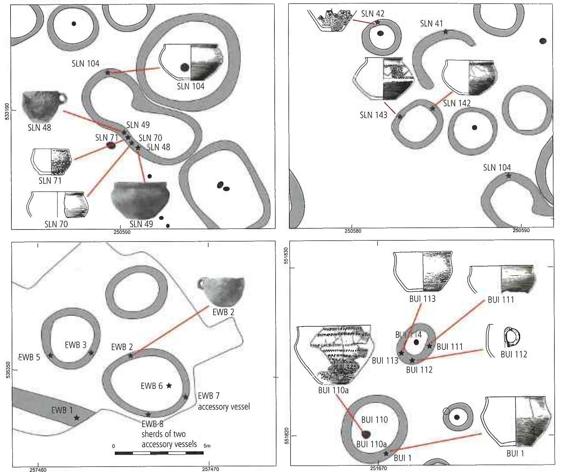 Fig. 8. Examples of urnfield contexts in which multiple drinking cups were interred (top row: Sleen; after Koos 1979, 58 fig 49, 60 fig. 51, 61 fig. 52), bottom left: Emmen-De Wolfsbergen (after Koor 1979, 104 fig. 99), bottom right: Buinen (afte:  Koor 1979, 72 figs. 65-70, 77 fig. 70). Pottery all to the same scale (height of SLN 104 is 9.5 cm) (graphics S. Arnoldussen using originals taken from Koor 1979). 