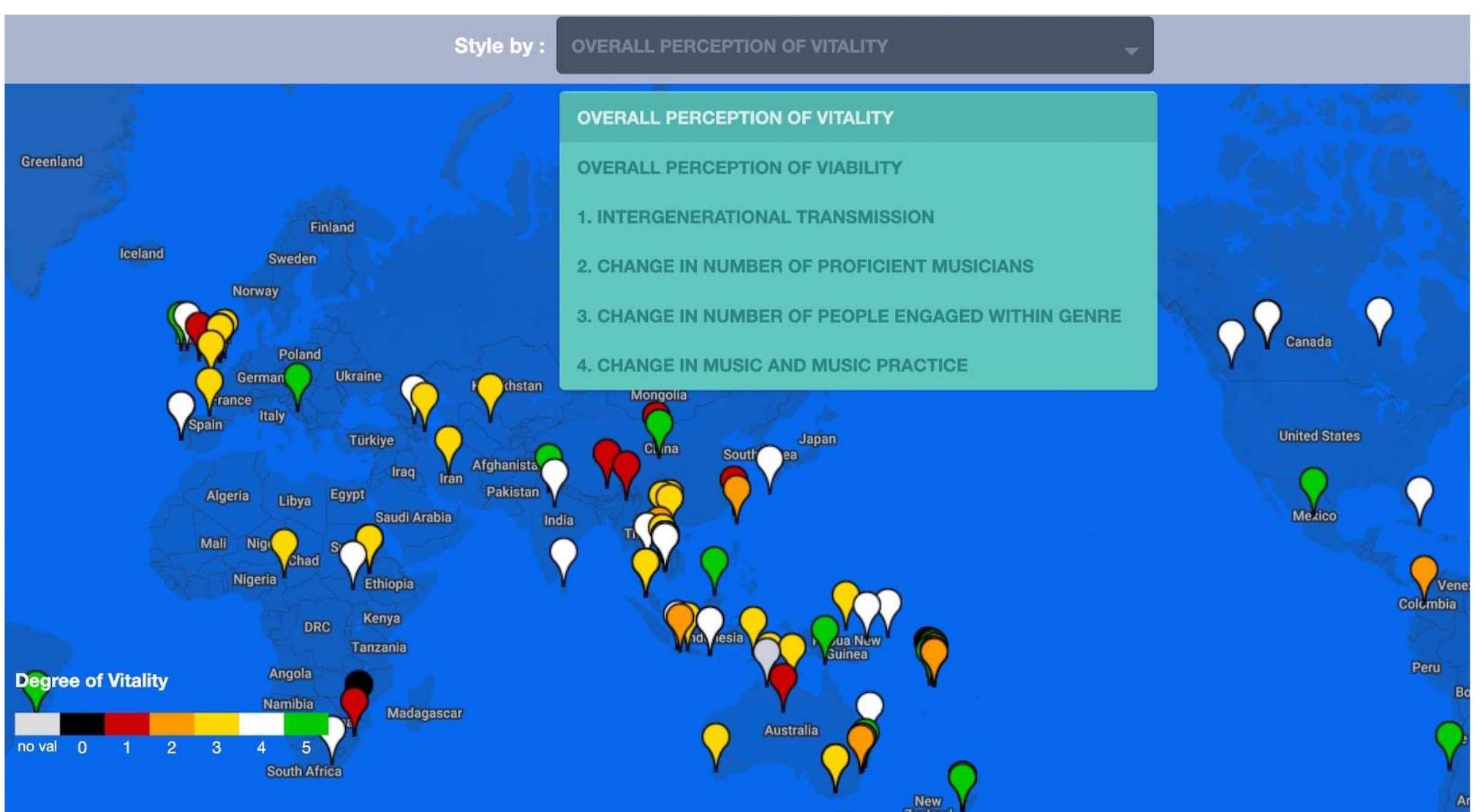 Figure 4. Map representing overall levels of vitality of 101 music genres, as assessed using the Music Vitality and Endangerment Framework (MVEF). The drop-down menu shows the first four factors of the MVEF (with remaining factors accessible by scrolling). Colour key is available on the website (Grant 2014b, ‘Map’ page).  
