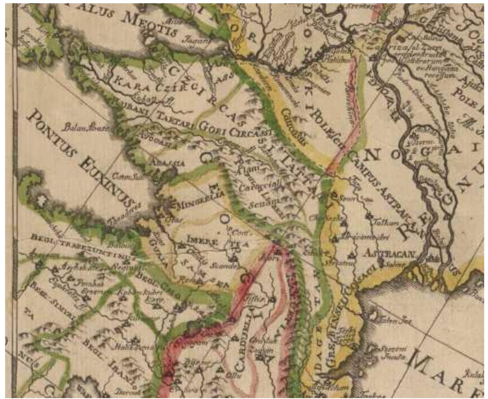 The oldest map in this study that mentions ‘Caucasus/Caucasian’ in the title is a French map by Guilaume Sanson: Colchis Iberia Albania Quaeq; Caucasiae Gentes Istmum qui Pontum Euxinu Caspium (1667) (Colchis, Iberia, Albania; The Caucasian Nations are the Isthmus that bridges the Euxine to the Caspian). This map illustrates the Caucasus in an ancient era (Library of Congress). As we can see, the title does not use the term ‘Caucasus’, but refers to the Caucasian nations. However, ‘Caucasian nations’ may also be said to rely on an understanding of some sort of region where these  nations live. 