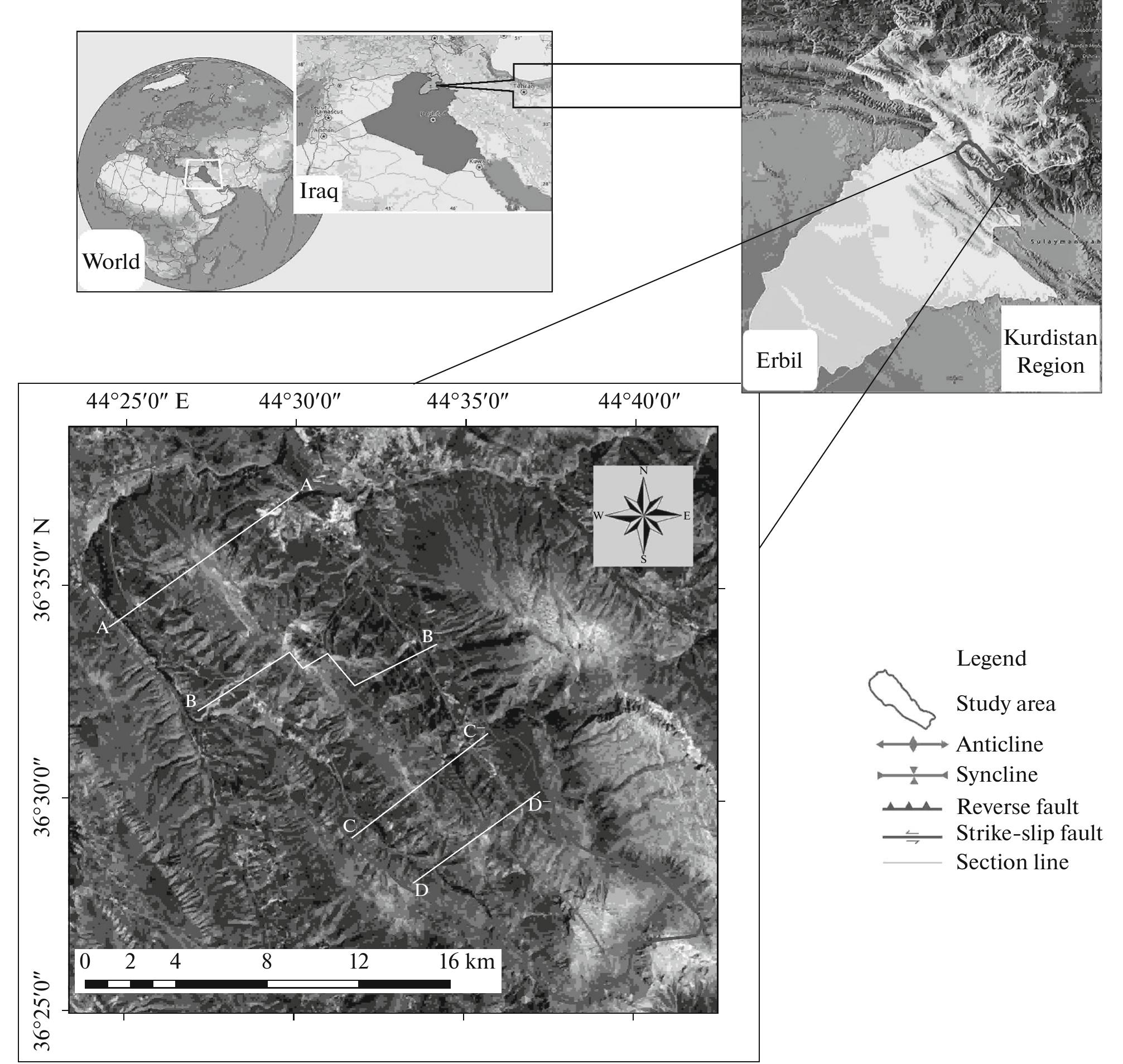 Landsat etm+ and map-hill image show the location of the