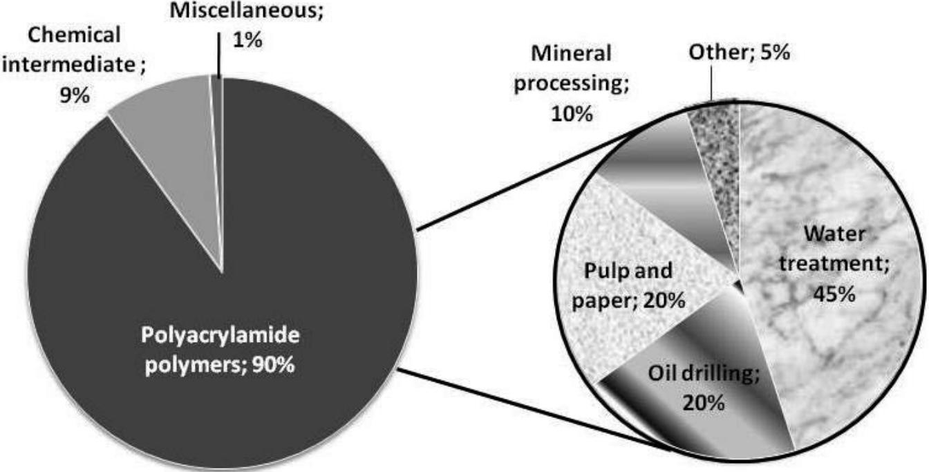 Figure 1.1. Industrial usage of acrylamide (adapted from: http://enhs.umn.edu/current/5103/acryl/uses.html)  from wastewater treatment to gel electrophoresis for research (Figure 1.1).  When in 1997 cows suddenly became paralyzed and died, and dead fish were found floating in breeding pools in south-western Sweden it was discovered that the cause was the use of a sealant called Rhoca-Gil that had been injected into cracks in the tunnel walls that was being constructed in the region and contaminated the ground waters. For fear of human contamination, animal and vegetable products from the region were destroyed. And although no human deaths were reported, tunnel workers suffered mainly neurotoxic effects and people feared over possible long-term health effects of acrylamide, which is classified by the International Agency for Research on Cancer (IARC) as a probable human  carcinogen (Reynolds, 2002).  was being constructed in the region and contaminated the ground waters. For fear of human 