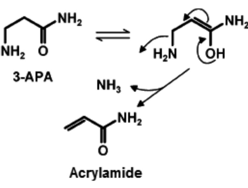 Figure 3.3. Formation of acrylamide through direct deamination of 3-APA  Zamora et al. (2009) made some more studies regarding the effect of 3- aminopropionamide and 3-(alkylamino)propionamides (aminopropionamides that can be naturally present in food) on acrylamide formation. They concluded that, there are possibly diverse pathways by which 3-aminopropionamide and 3-(alkylamino)propionamides are converted into acrylamide depending on water activity and presence of other carbonyl  compounds. 