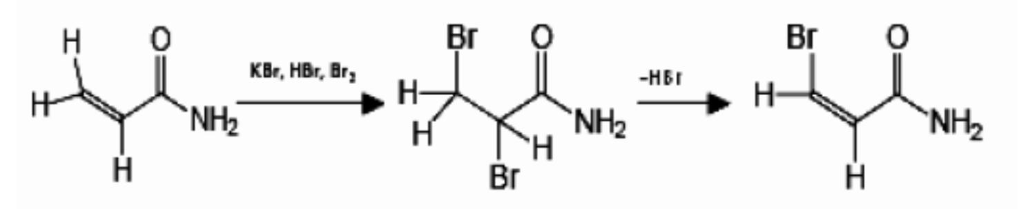 Figure 5.2. Conversion of acrylamide to 2,3-dibromopropionamide and then to 2-bromopropenamide. (Adapted  from Rothweiller et al., 2003).  Figure 5.2. Conversion of acrylamide to 2,3-dibromopropionamide and then to 2-bromopropenamide. (Adapted  reproducible (Andrawes et al., 1987).  Other bromination technique suggested by Nemoto et al. (2002), is based on the production 