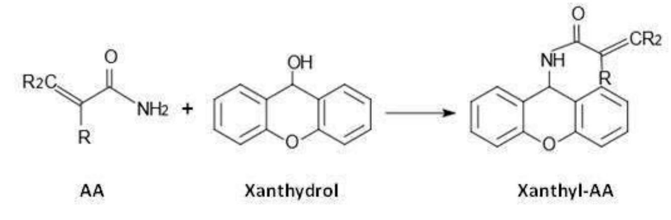 Figure 5.4. Derivatization reaction of acrylamide with xanthydrol.  the classical and tedious bromination (Garcia-Molina et al., 2014).  variety of foods make this new and recent derivatization method an excellent alternative to 