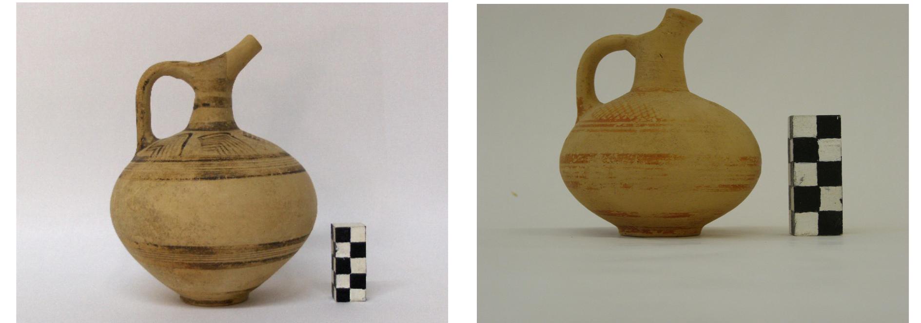 Fig. 60. 7 185 beaked jug from Diasella.  Fig. 61. 1 307 beaked jug from Stravokefalo.  Fig. 58. 1 660 squat jug from Olympia.  Fig. 59. m 1399 squat jug from Lakkofolia-Miraka. 