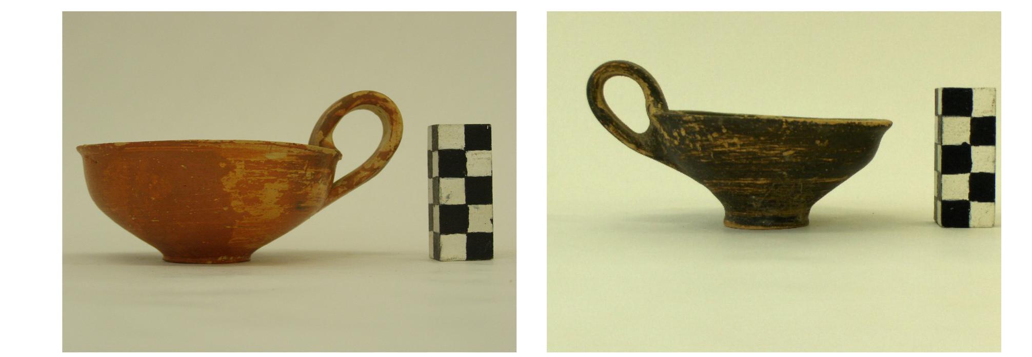 Fig. 70. m 644 ring handled cup from Olympia.  Fig. 71. 1 196 ring handled cup from Diasella.  Fig. 69. 1 738 carinated conical cup from Olympia.  Fig. 68. 1 721 carinated conical cup from Olympia. 