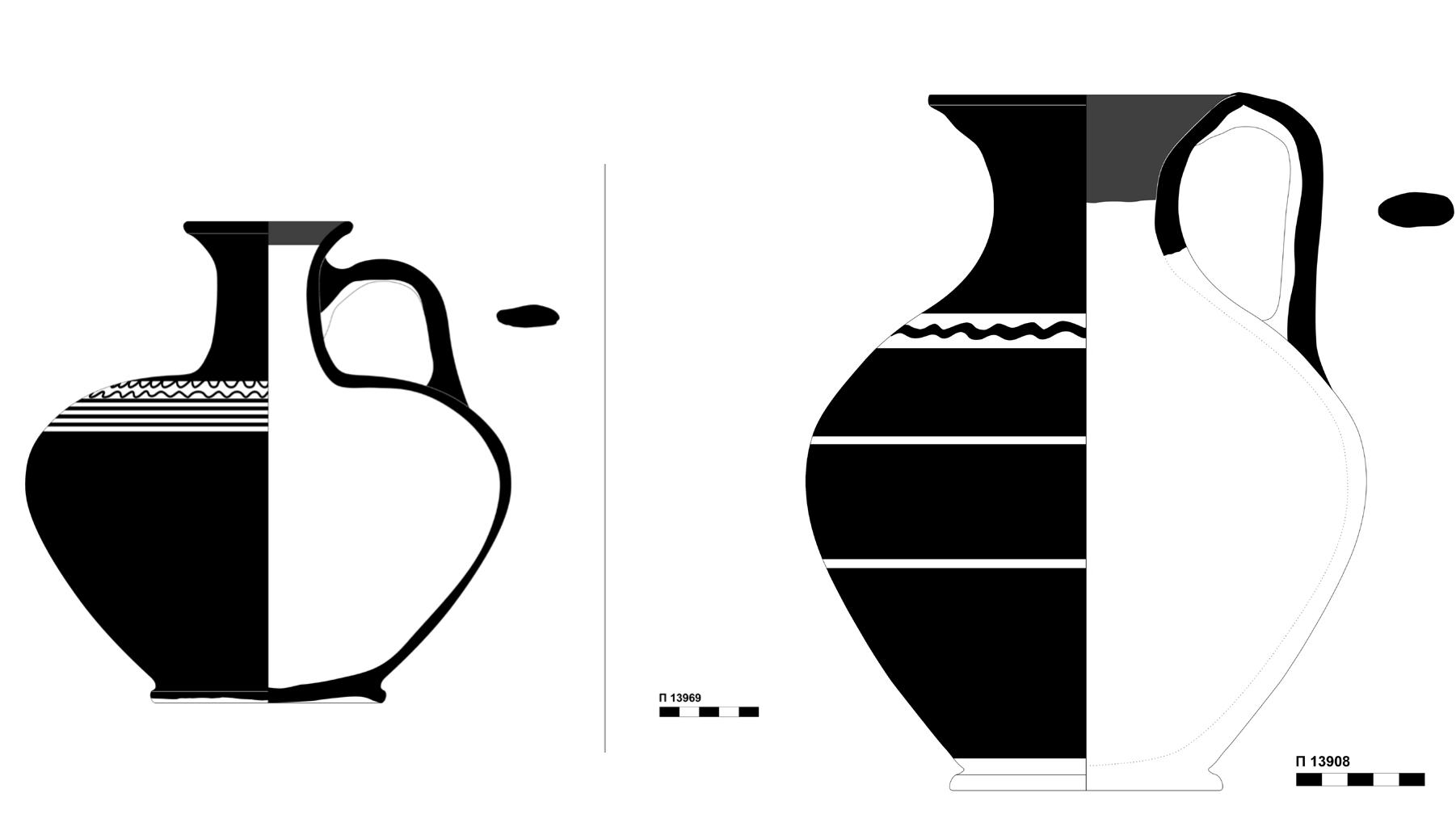 Fig. 91. 1113969/T1028 lekythos from Ag. Georgios of Persaina.  Fig. 92. 1113908/T1086 jug from Ag. Georgios of Persaina.  Fig. 94. 1113750/I1143 amphora FS69/70 from Ag. Georgios of Persaina. 