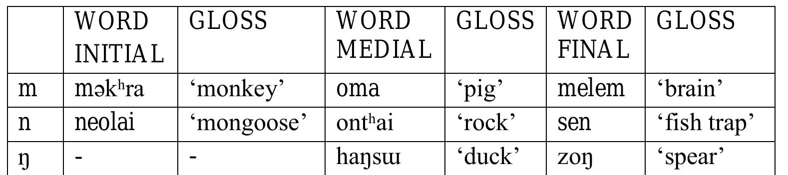 Table 8: Bodo nasals 