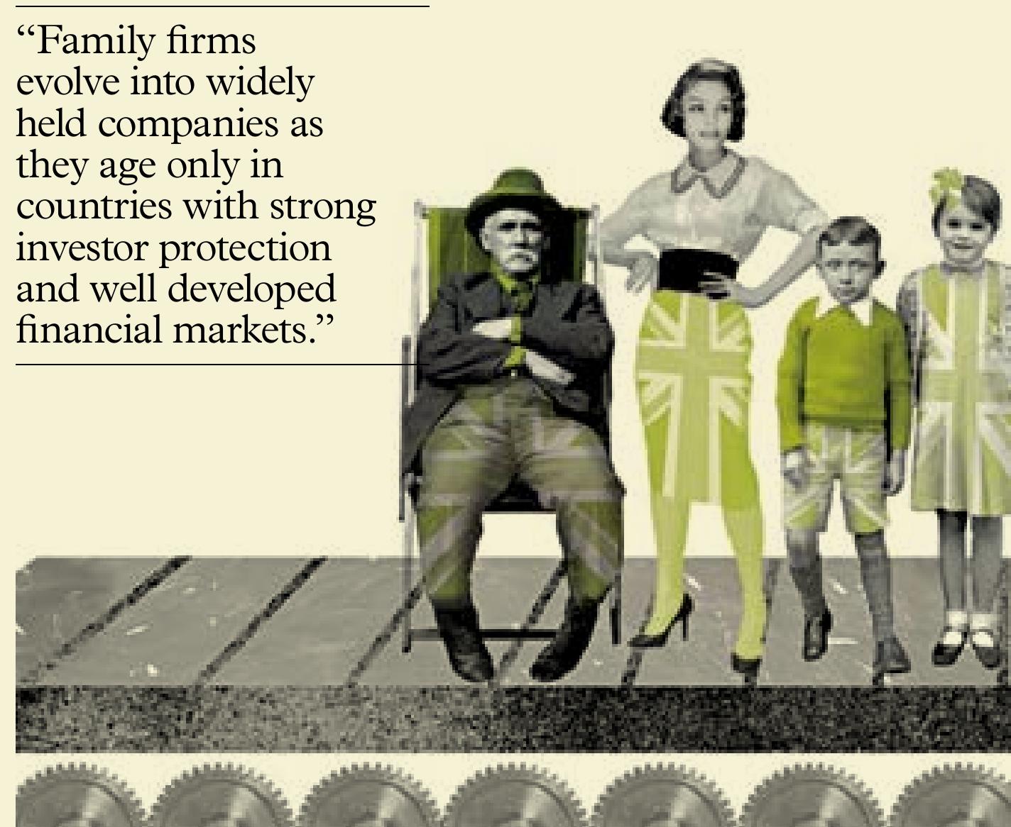 To determine investor protection, the authors aggregated three measures and assigned a score.  Countries that operate similar to the UK’s economic patterns seem to be distinct from those on the Continent. UK firms raise capital by issuing new equity; Continental Europe eschews this option. (That appears to be the primary reason why family ownership has a shorter life cycle in the UK than in France, Germany and Italy.) Nonetheless, the study suggests that countries can possess unique traits. One example: Germans seem inclined to grow firms by acquiring other family-owned companies.  drew after discovering, for example, that 53 per cent of family firms  in Italy remained so even if the company had existed a century or more. Conversely, only 21 per cent of family firms remain under family control in the UR. Why? According to the authors: “Family firms evolve into widely held companies as they age only in countries with strong investor protection, well developed financial markets and active markets for corporate control. In countries with weak investor protection,  less developed financial markets and inactive markets for corporate control, family control is very persistent over time. This happens for both private and public firms.” 
