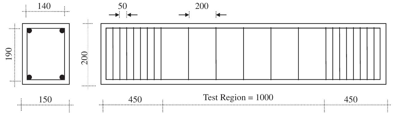 Dimensions of the test specimen and the reinforcement layout