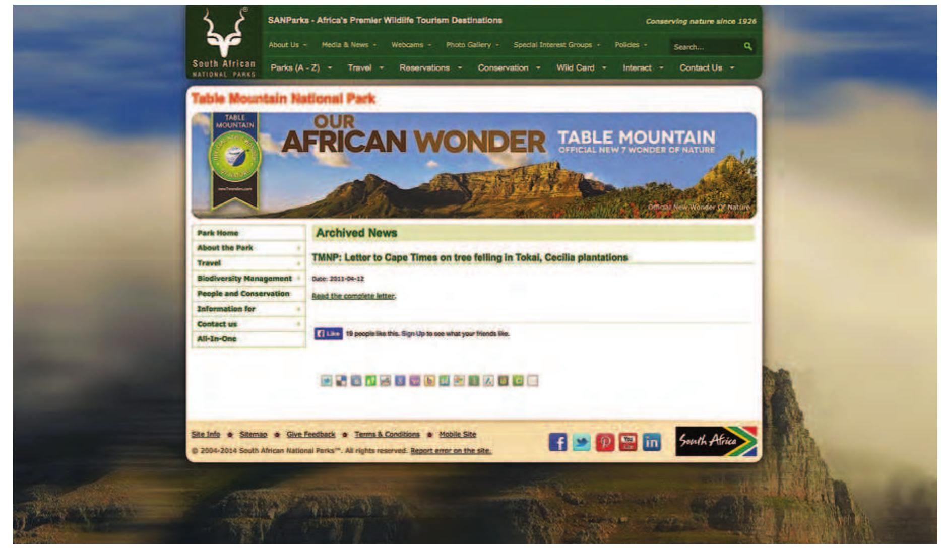is strongly reminiscent of other reworkings of cultural landscapes as lieux de mémoire.’s na much quoted speech made on World Environment Day in 1998,*° Nelson Mandela recalled how during his incarceration on Robben Island, he and other inmates looked ongingly across Table Bay at the “magnificent silhouette” of the mountain (Figure 14.6).”” For these political prisoners, the mountain symbolized the freedom and the and to which they one day hoped to return. Mandela linked this vision of the moun- tain as a seemingly unreachable paradise to its history as a refuge and a symbol of hope  for Khoisan tribes resisting colonization and generations of Indonesians and Malayan slaves who had buried their leaders on its slopes.  oe a  “Our African Wonder,’ a screenshot from the  South African National Parks website.  Electronic document,  ESI EE PPT  