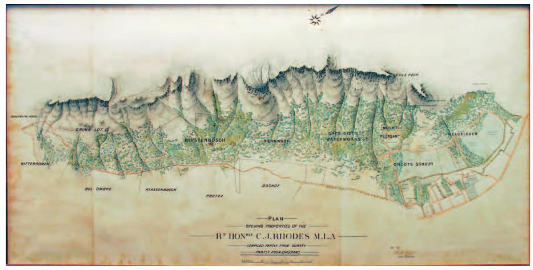 FIGURE 14.10  quarters never developed self-conscious landscape cultures ; nevertheless, for many residents the mountain was valued, either as a place to escape to at weekends, a place in which to sleep under the stars, or a place of livelihood for flower- and herb-harvesting. Muslim residents, in particular, valued the ready access these quarters provided to the two of the six kramats—tombs honoring local imams (holy men or saints)—on the peninsula and Robben Island believed to form a sacred circle guarding followers who live within its circumference: one on the saddle of Lion’s Head, one above the sea at Oudekraal. Because these kramats link Cape Muslims to their otherwise hidden past,  the mountain continues to holda significant proportion of their spiritual history today. The Cape Muslims, who are mostly descendents of slaves brought to the Cape from the East Indies by the Dutch from the late seventeenth century onward, are probably also the source of the legend of how Devil’s Peak got its name after a duel between a Dutch pirate, Van Hunks, and the devil disguised as a stranger—a story that refers to  the clouds that pour dramatically over the mountain in the summer, when prevailing southeasters reach gale force in the City Bowl.*°  Map courtesy of Groote Schuur House Museum / South African Department of Public Works.  This history is a powerful reminder that in Cape Town relations with the mountain are not just a matter of plannerly metrics like “ownership,” “access,” and “livelihood,” but also a matter of the aesthetics of daily existence (Figure 14.9). Living with the mountain entails developing an intimate awareness of its varied geological and ecological charac- teristics, as well as how such characteristics are affected by the way the south Atlantic’s oscillating weather systems react to its overall physiography. These weather systems cre-  ate a dynamic, seasonally and daily shifting interplay of sun, wind, and precipitation, depending where one is on orin relation to the mountain, and powerfully differentiate the atmosphere of neighborhoods closest to it.” This differentiation is especially clear in the urban areas that emerged along the eastern side of the mountain, where suburbanization 